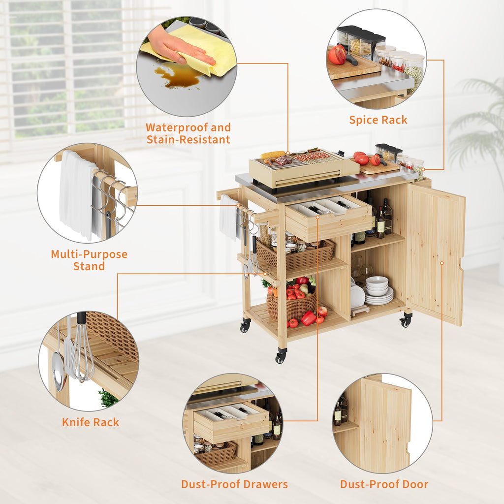 Garvee Portable Sturdy Wood Outdoor Grill Cart Kitchen Island – Stainless Steel Top, Wheels, Drawer, Spice Rack, Open Shelves – Rolling BBQ Prep Table for Patio, Backyard, Garden – Color: Sturdy Wood