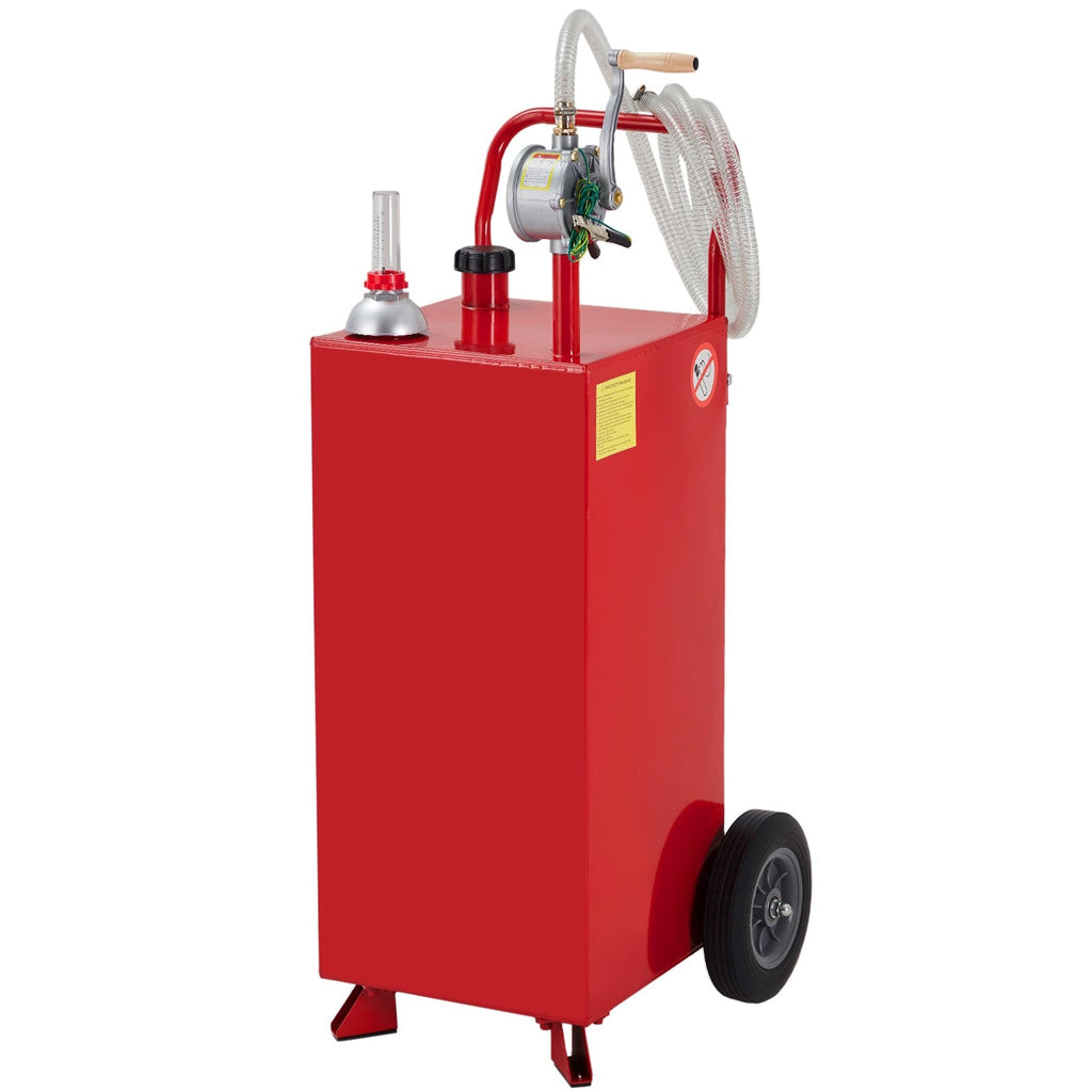 Garvee 35 Gallon Fuel Caddy with Manual Pump, 9.8 ft UV-Resistant Hose Tank Gauge Ground Clamp 2 Wheels, Portable Gas Diesel Tank for Car Boat ATV Lawn Mower, Red