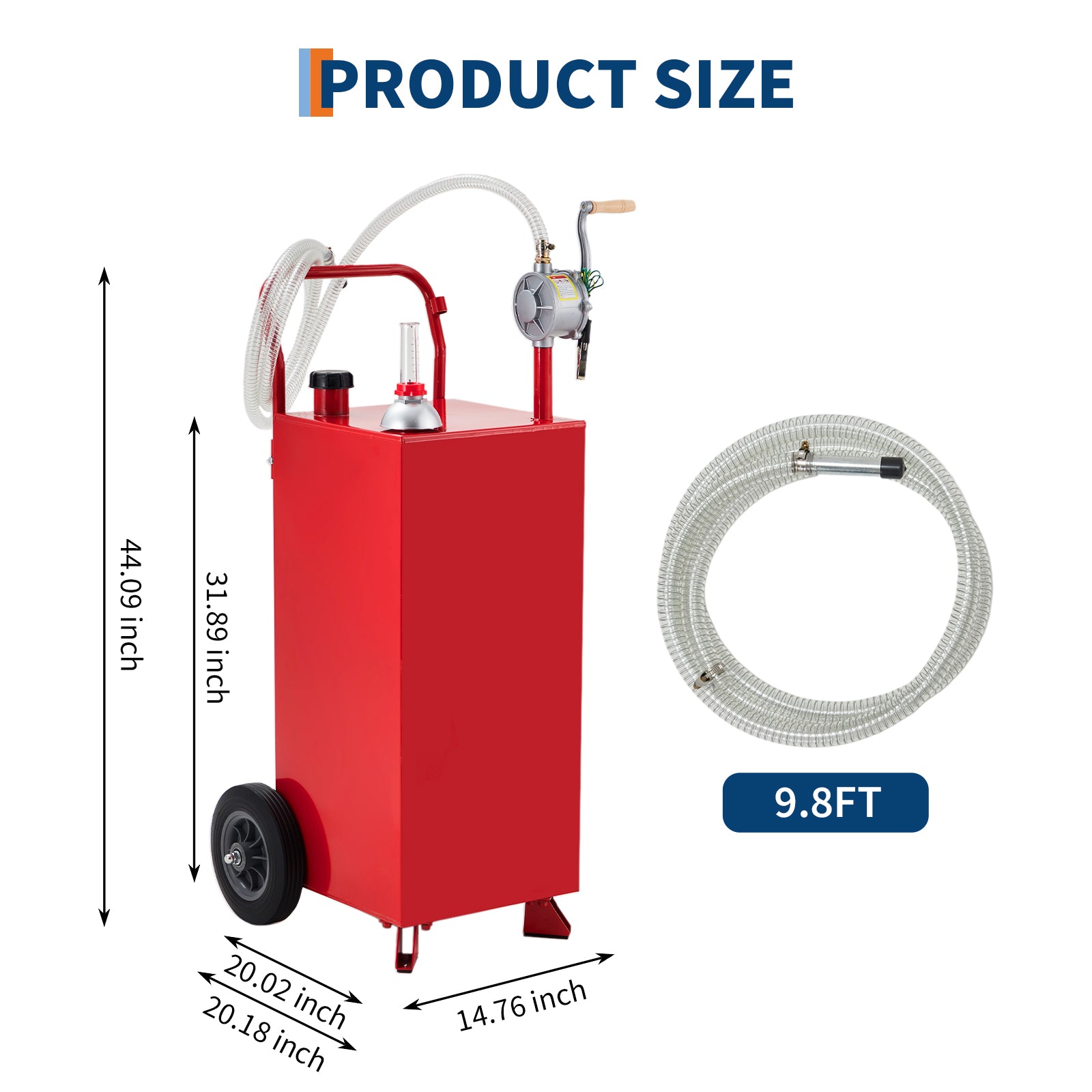 Garvee 20 Gallon Fuel Caddy with Manual Pump, 9.8 ft UV-Resistant Hose Tank Gauge Ground Clamp & 8 Inch Wheels, Portable Gas Diesel Tank for Car Boat ATV Lawn Mower, Red