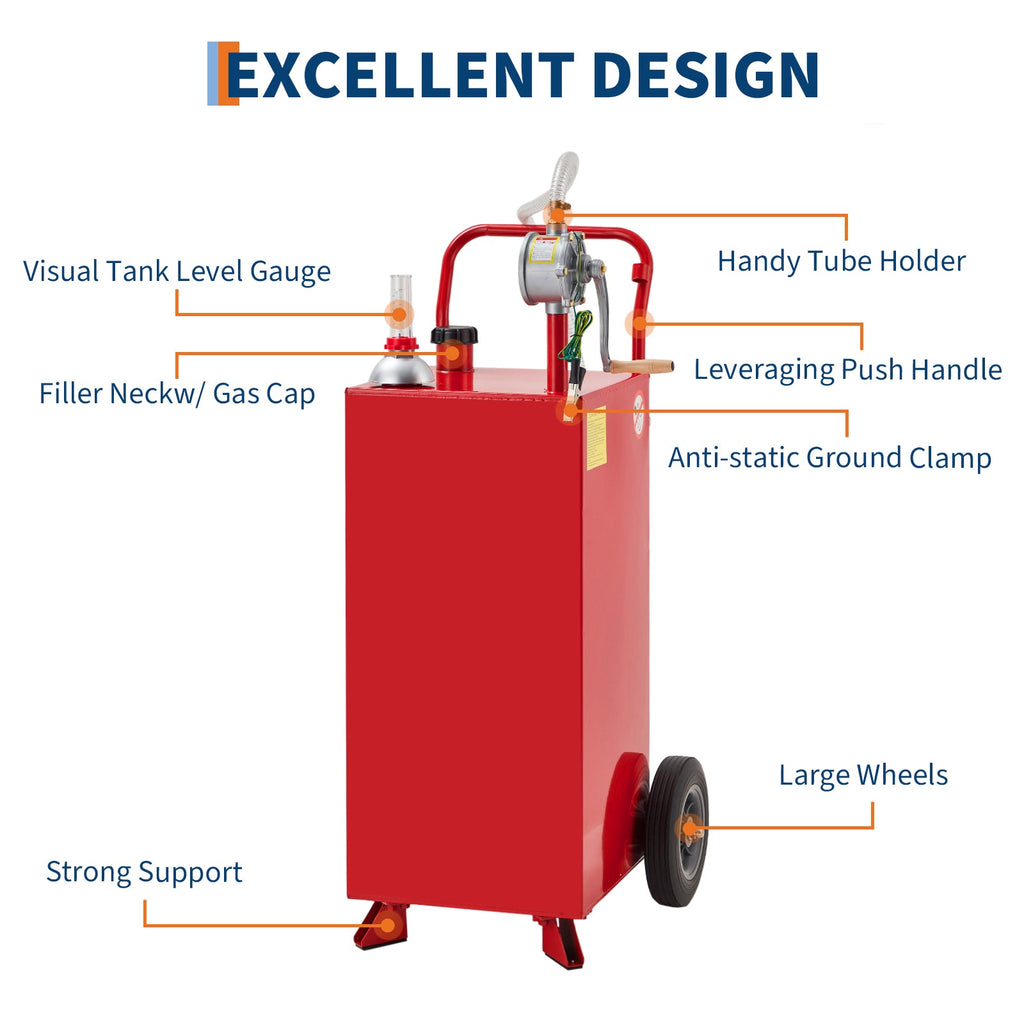 Garvee 30 Gallon Portable Fuel Caddy - Gas Tank with Manual Transfer Pump for Cars, Lawn Mowers, ATVs, and Boats, Red