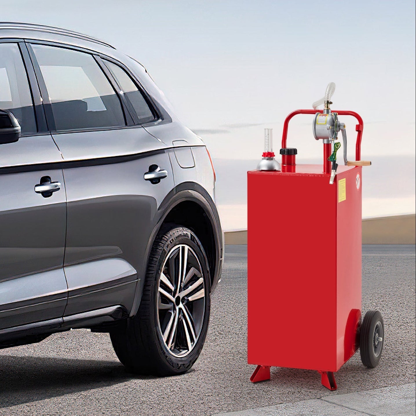 Garvee 35 Gallon Fuel Caddy with Manual Pump, 9.8 ft UV-Resistant Hose Tank Gauge Ground Clamp 2 Wheels, Portable Gas Diesel Tank for Car Boat ATV Lawn Mower, Red