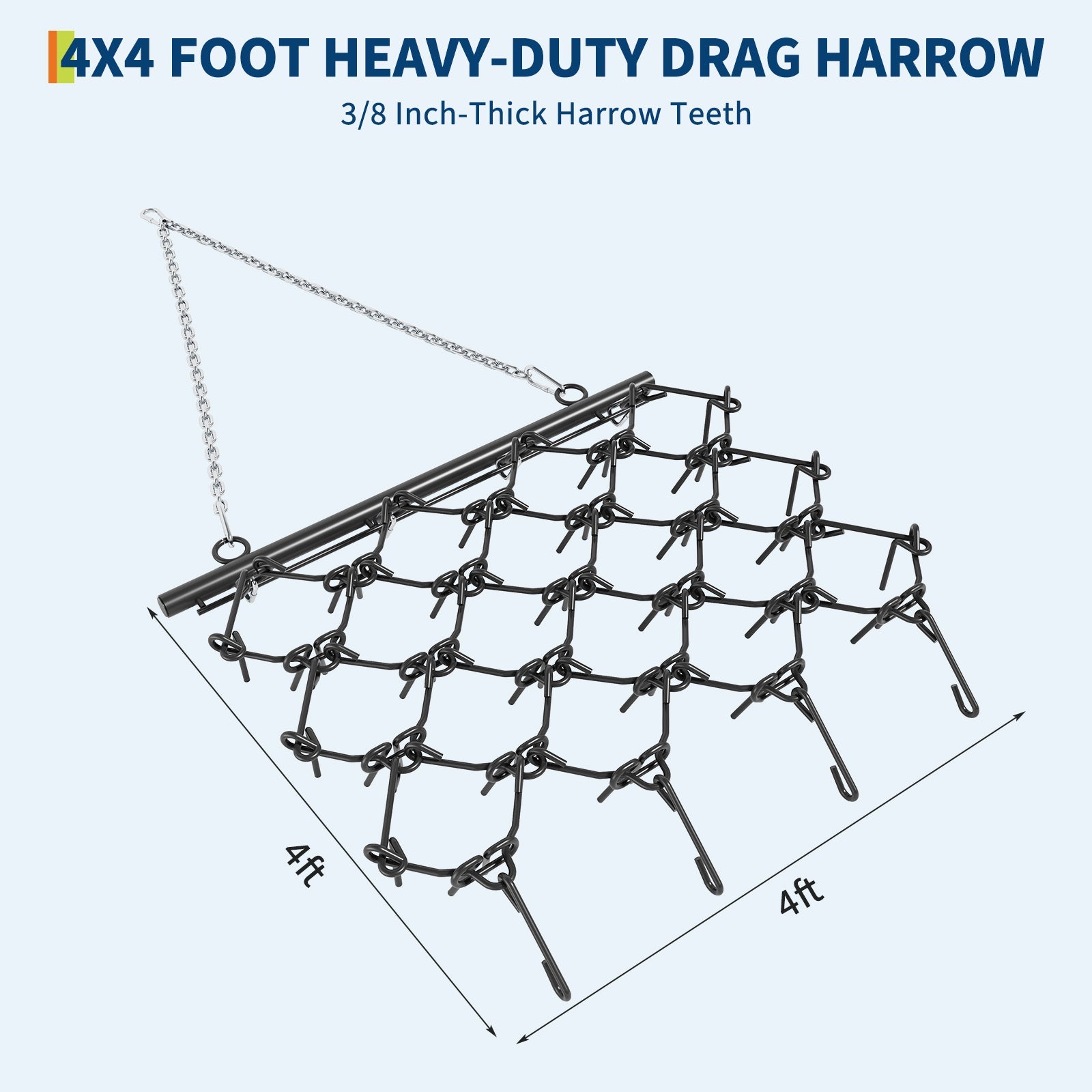 Garvee Heavy Duty Drag Harrow 4x4 Ft with4 Ft Chain, 3/8 Inch Tines for ATV, UTVs, Lawn Tractors Leveling, Grading, Pastures, Breaking Up Soil,Black