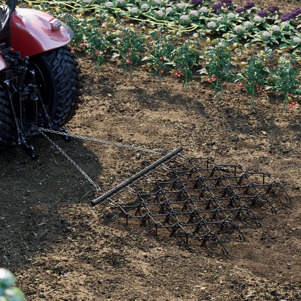 Garvee Heavy Duty Drag Harrow 4x4 Ft with4 Ft Chain, 3/8 Inch Tines for ATV, UTVs, Lawn Tractors Leveling, Grading, Pastures, Breaking Up Soil,Black