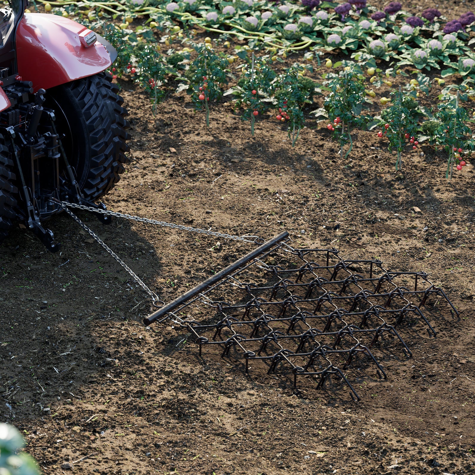 Garvee Heavy Duty Drag Harrow 4x4 Ft with4 Ft Chain, 3/8 Inch Tines for ATV, UTVs, Lawn Tractors Leveling, Grading, Pastures, Breaking Up Soil,Black