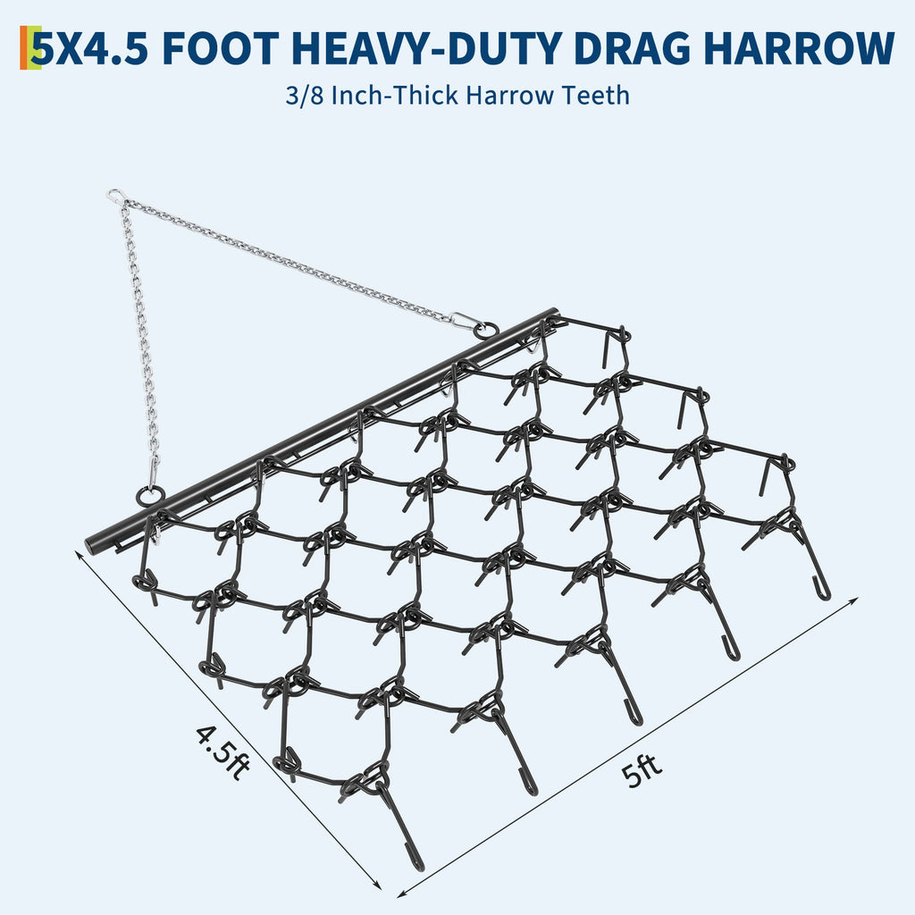 Garvee Heavy Duty Drag Harrow 5x4.5 Ft, 3/8 Inch Tines for ATV, UTVs, Lawn Tractors Leveling, Grading, Pastures, Breaking Up Soil,Black