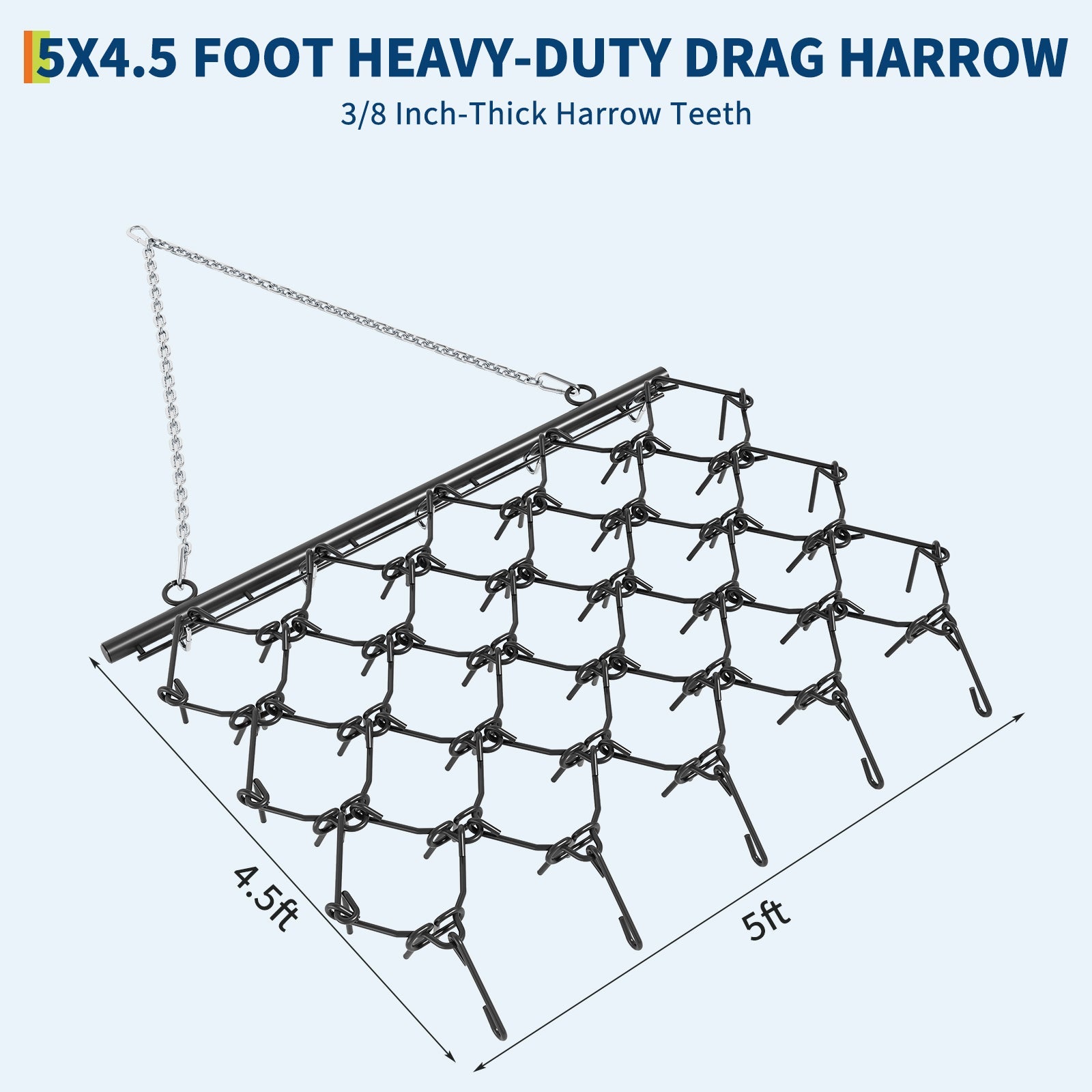 Garvee Heavy Duty Drag Harrow 5x4.5 Ft, 3/8 Inch Tines for ATV, UTVs, Lawn Tractors Leveling, Grading, Pastures, Breaking Up Soil,Black