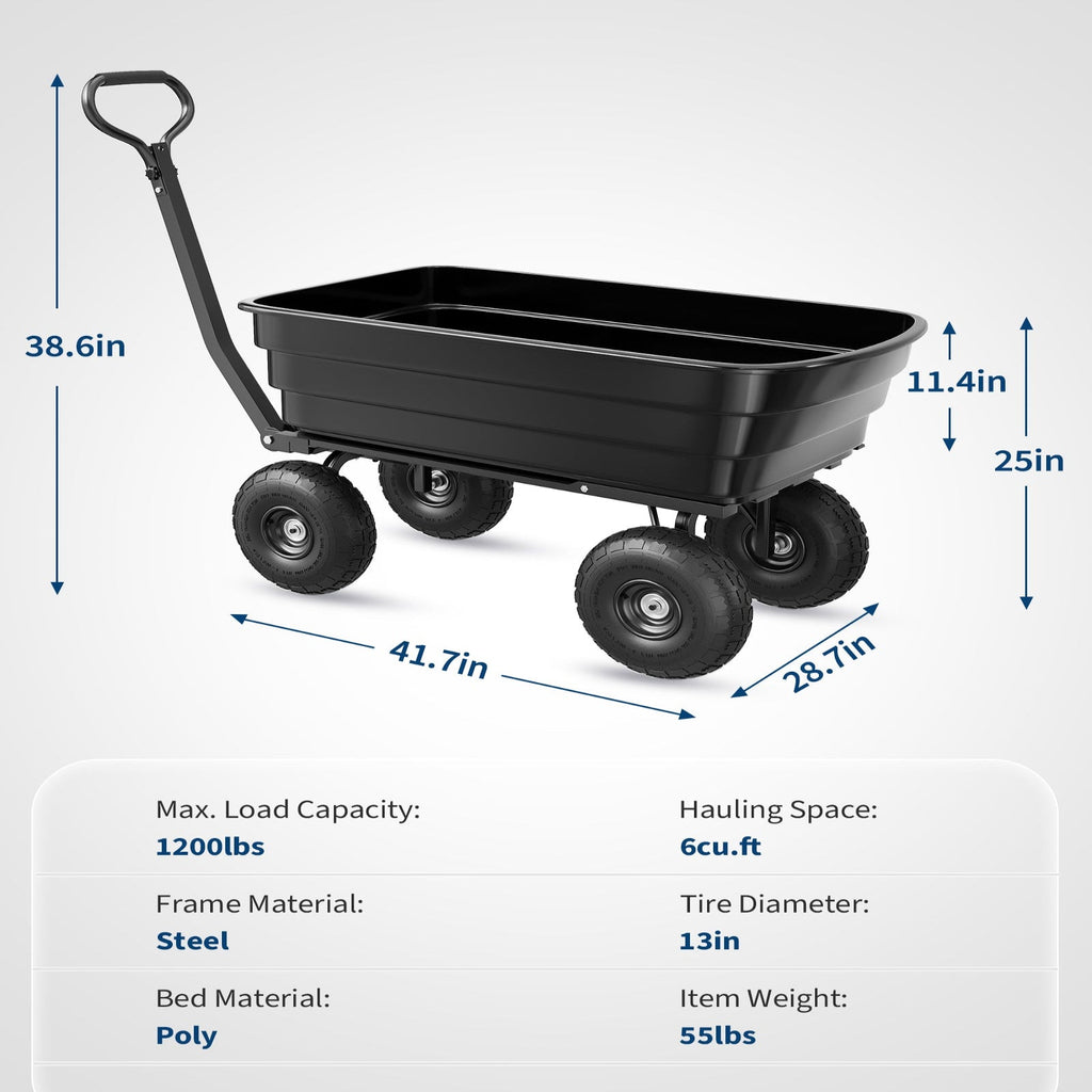 Garvee 1200 lb Poly Dump Cart, Heavy-Duty Yard Wagon with Quick Dump, No-Flat 13" Tires, Steel Frame Garden Utility Cart