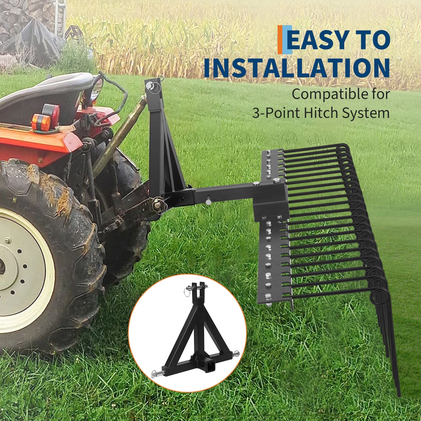 Garvee 48" Durable Pine Straw Rake Steel Spring Landscape Rake Fits 2" Receiver for Lawn Tractors or ATV/UTV，Black