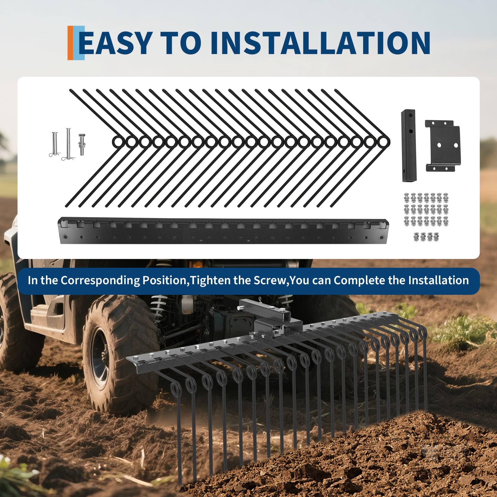 Garvee 48" Durable Pine Straw Rake Steel Spring Landscape Rake Fits 2" Receiver for Lawn Tractors or ATV/UTV，Black