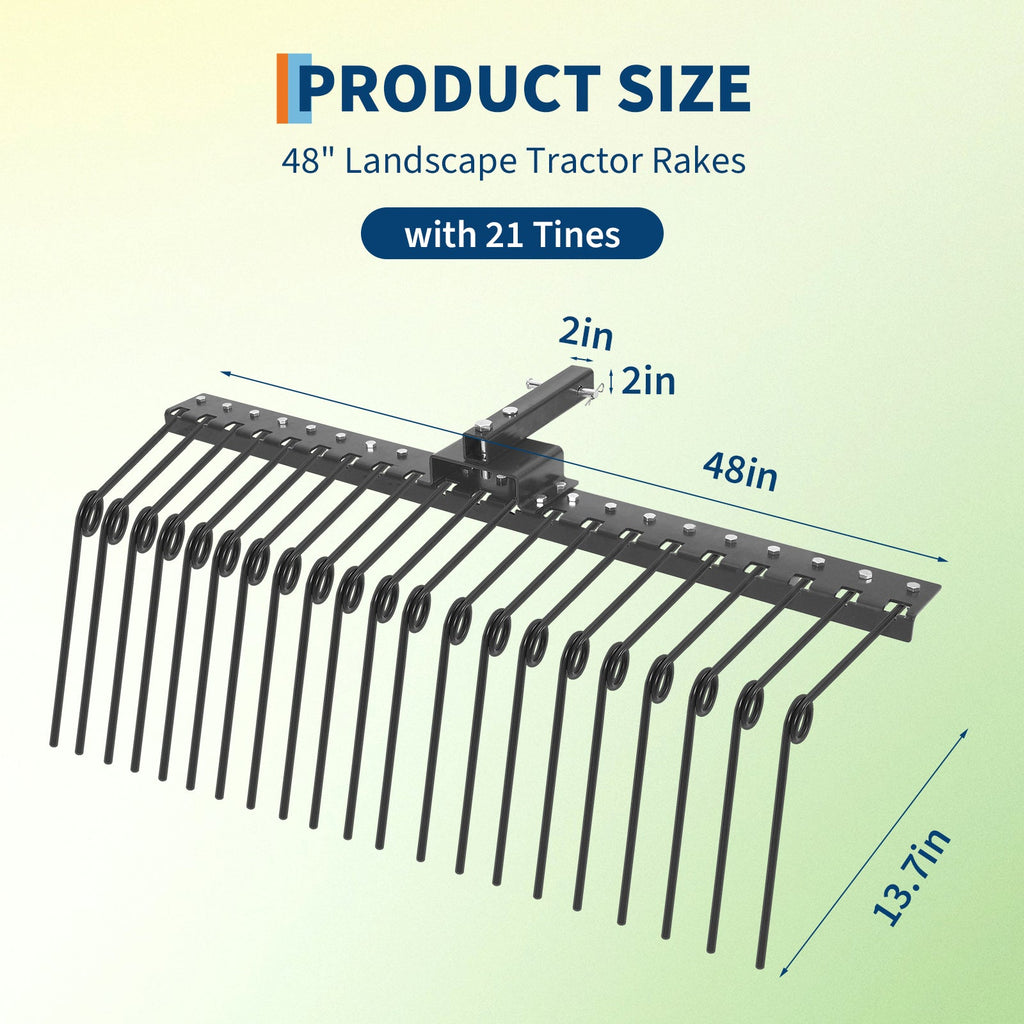 Garvee 48" Durable Pine Straw Rake Steel Spring Landscape Rake Fits 2" Receiver for Lawn Tractors or ATV/UTV，Black