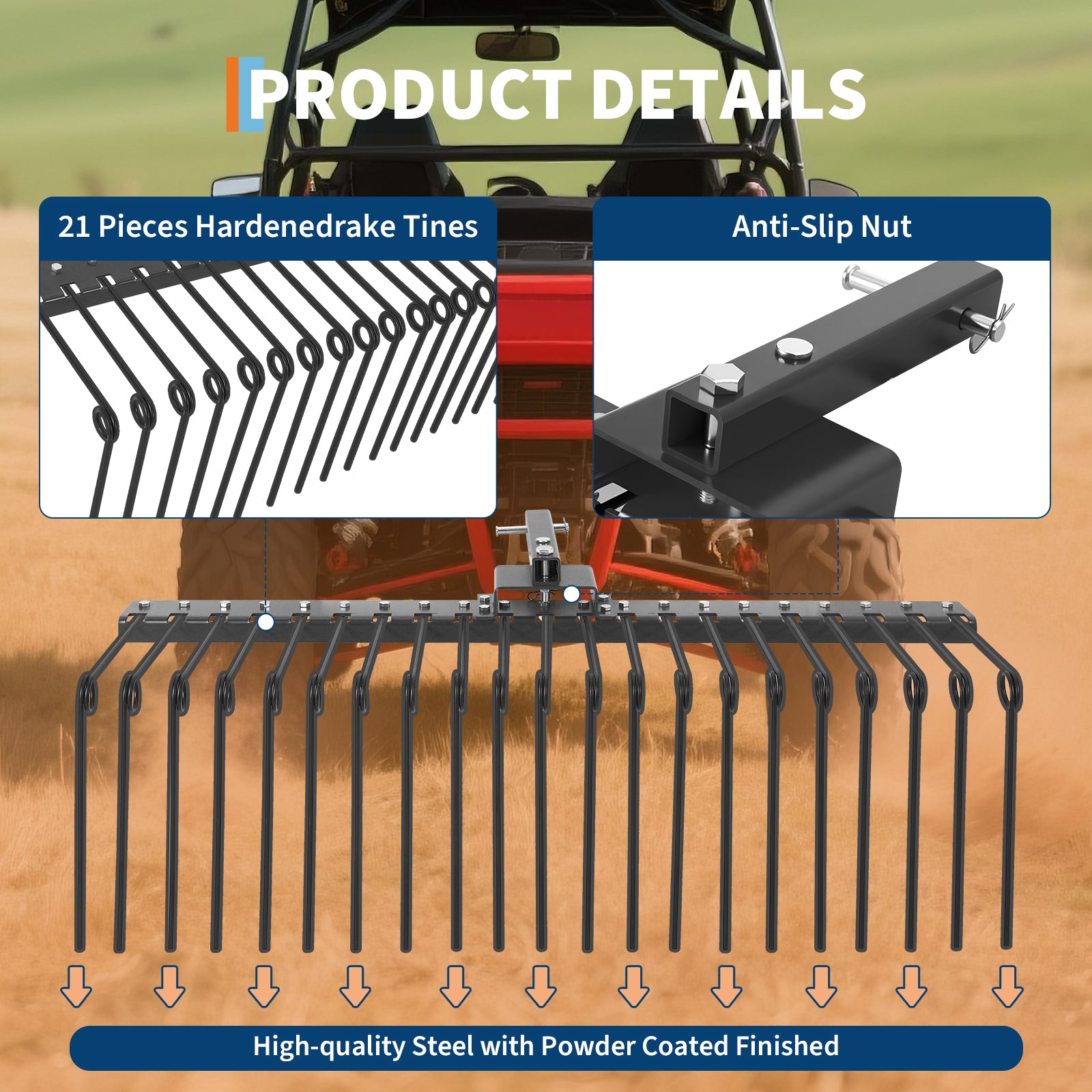 Garvee 48" Durable Pine Straw Rake Steel Spring Landscape Rake Fits 2" Receiver for Lawn Tractors or ATV/UTV，Black