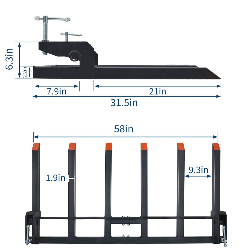 Garvee Heavy Duty Clamp On Debris Forks for 60" Tractor Bucket, 4400 LB Capacity, Quick Attach 6 Tines Pallet Forks, Rust Resistant for Farm, Warehouse, Black