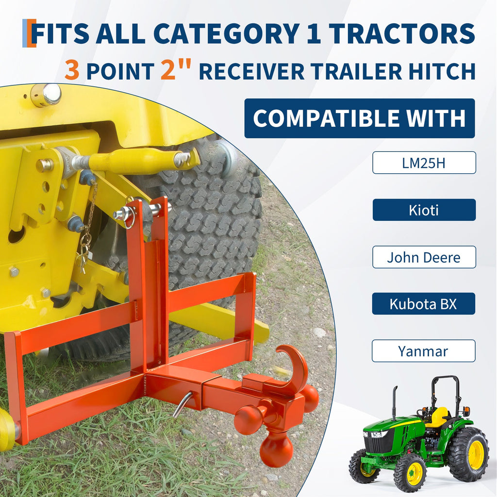 Garvee 3 Point Trailer Hitch for Tractor with 2" Receiver & Ball, Heavy-Duty Steel, Quick Hitch, Suitcase Weight Brackets, 10000 Lbs Capacity, Category 1, Towing & Weight Balancing