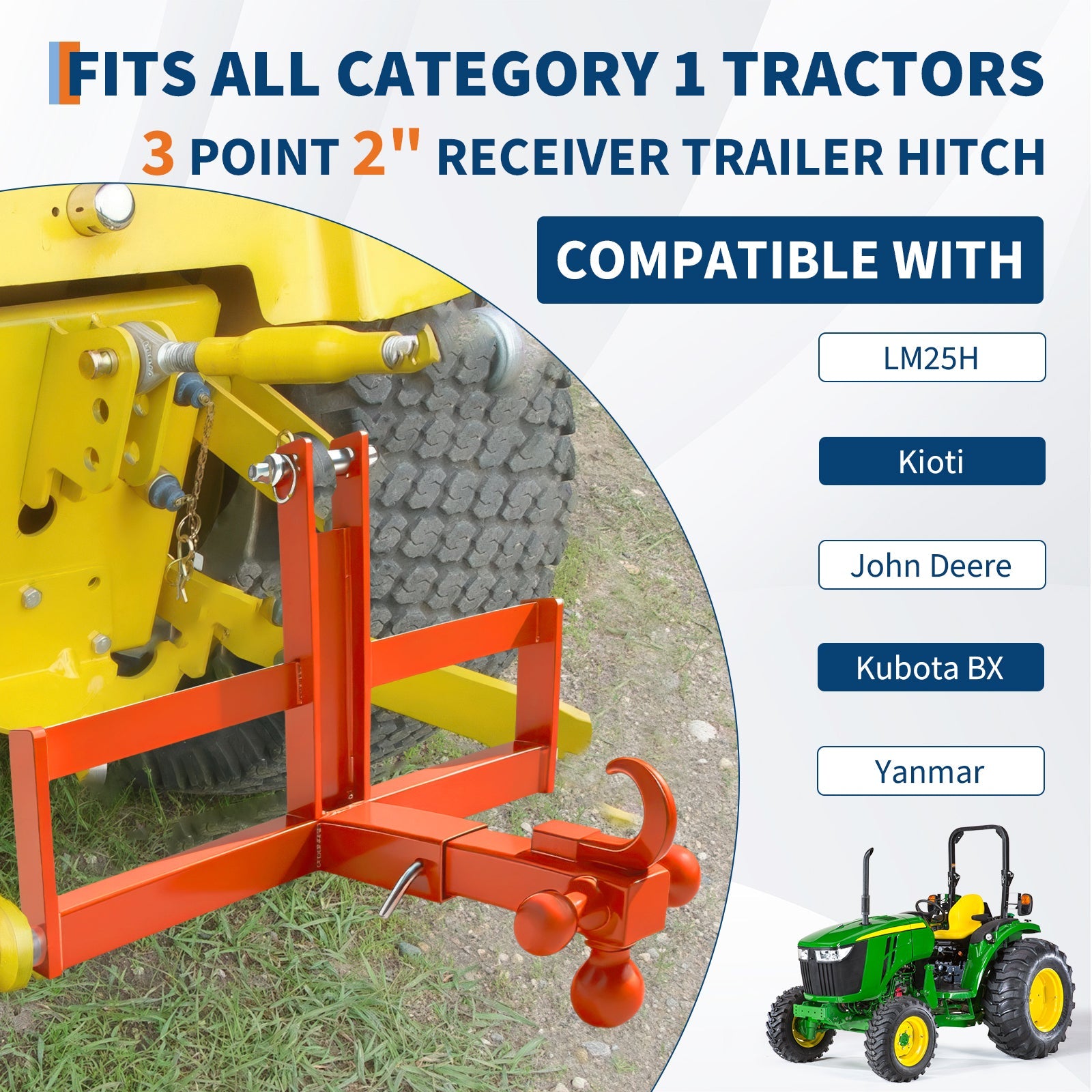 Garvee 3 Point Trailer Hitch for Tractor with 2" Receiver & Ball, Heavy-Duty Steel, Quick Hitch, Suitcase Weight Brackets, 10000 Lbs Capacity, Category 1, Towing & Weight Balancing