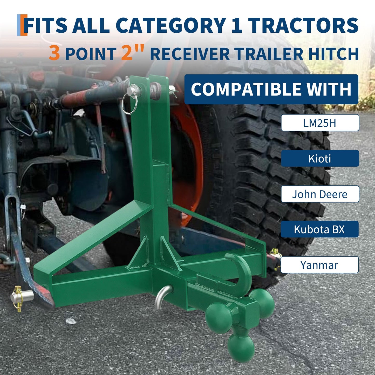 Garvee 3 Point Trailer Hitch 2" Receiver Towing Ball 10,000Lb Capacity Powder-Coated Steel Quick Hitch Compatible Category 1 Tractors Heavy Duty Industrial Use
