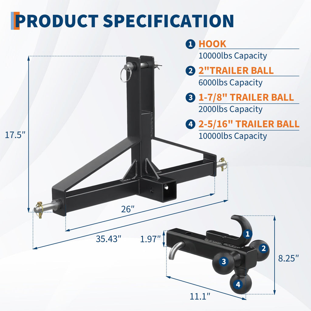 Garvee 3 Point Trailer Hitch for Tractor with 2" Receiver & Ball Hook - Heavy Duty Steel, Quick Hitch, 10,000 Lbs Capacity, Category 1 Compatible, Industrial Use