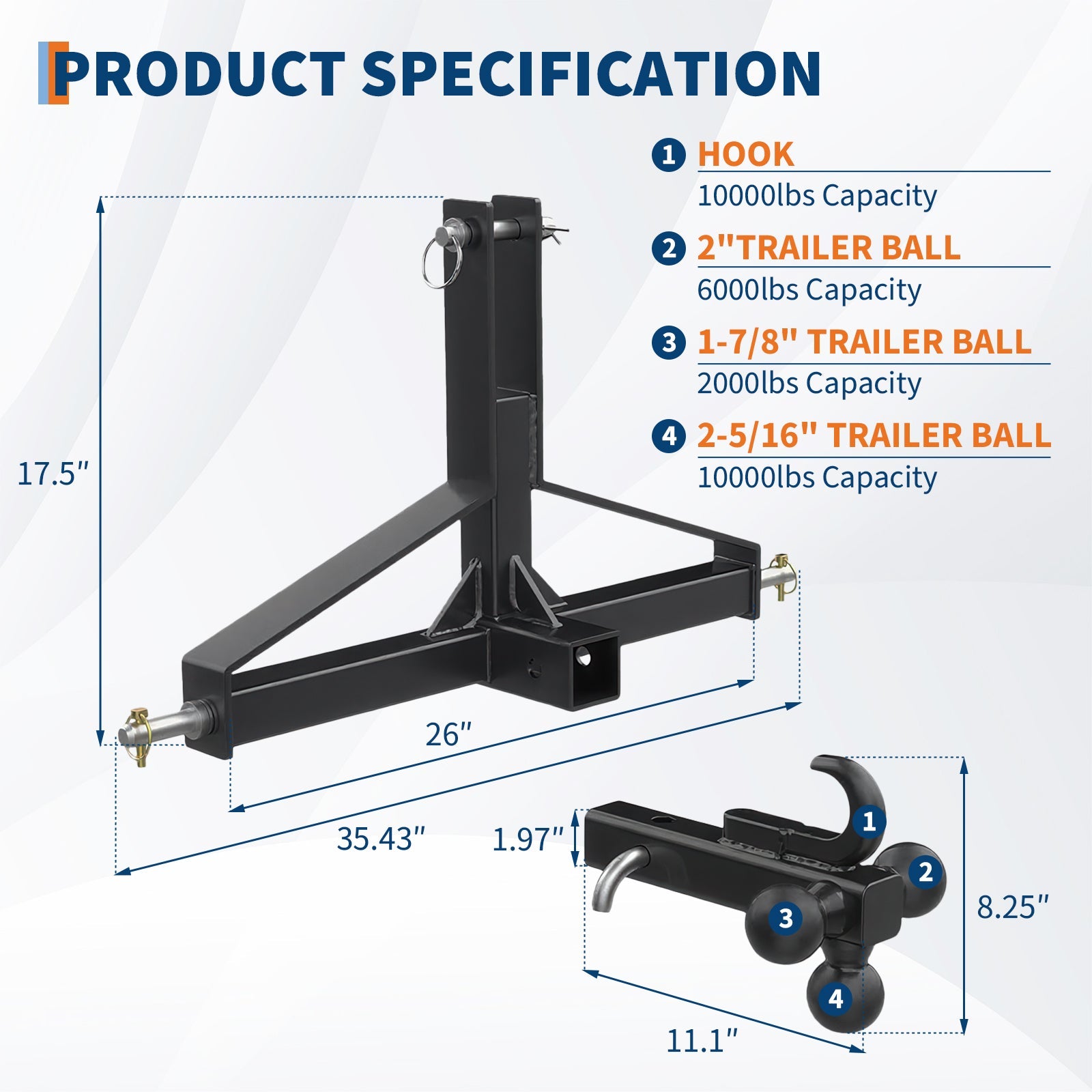 Garvee 3 Point Trailer Hitch for Tractor with 2" Receiver & Ball Hook - Heavy Duty Steel, Quick Hitch, 10,000 Lbs Capacity, Category 1 Compatible, Industrial Use