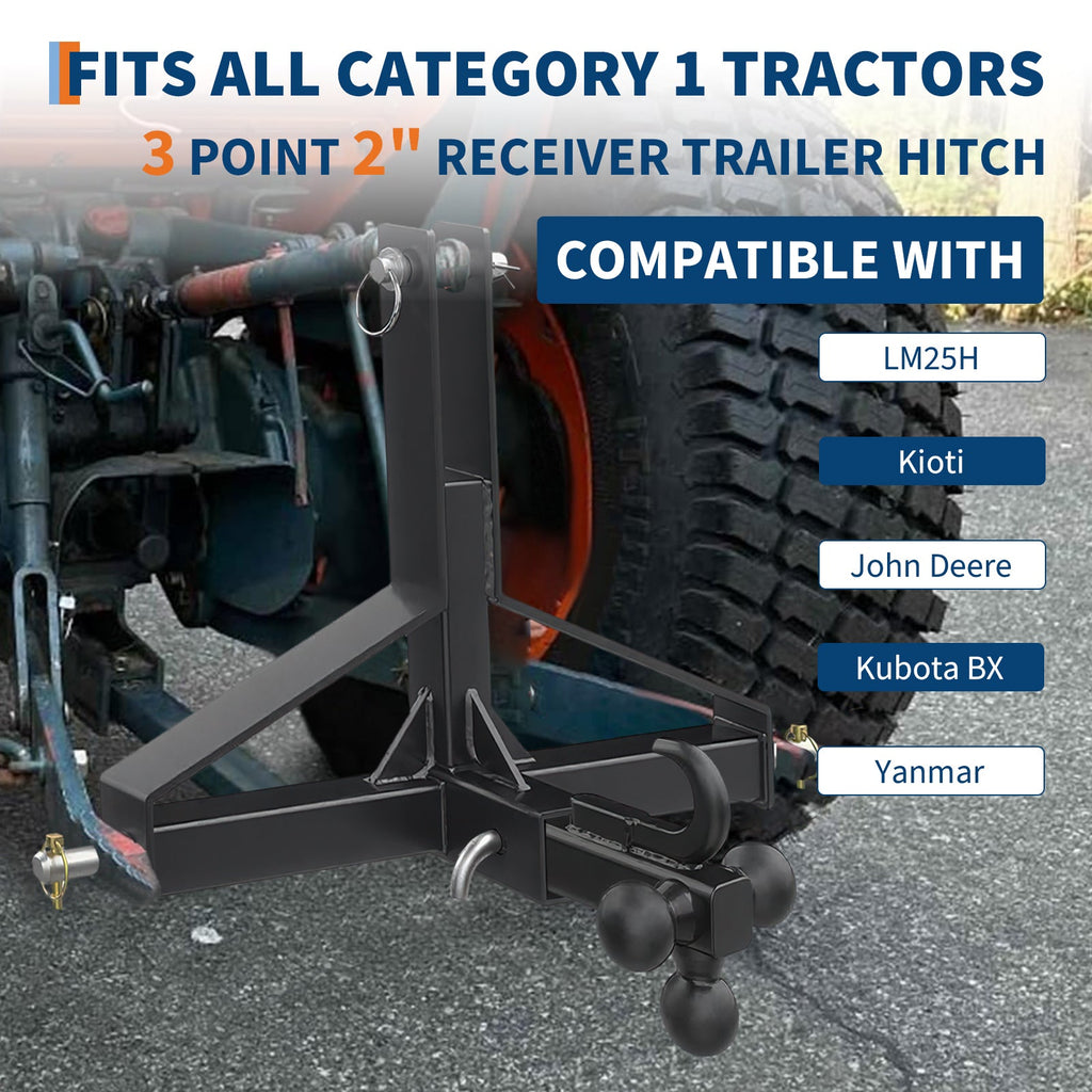 Garvee 3 Point Trailer Hitch for Tractor with 2" Receiver & Ball Hook - Heavy Duty Steel, Quick Hitch, 10,000 Lbs Capacity, Category 1 Compatible, Industrial Use