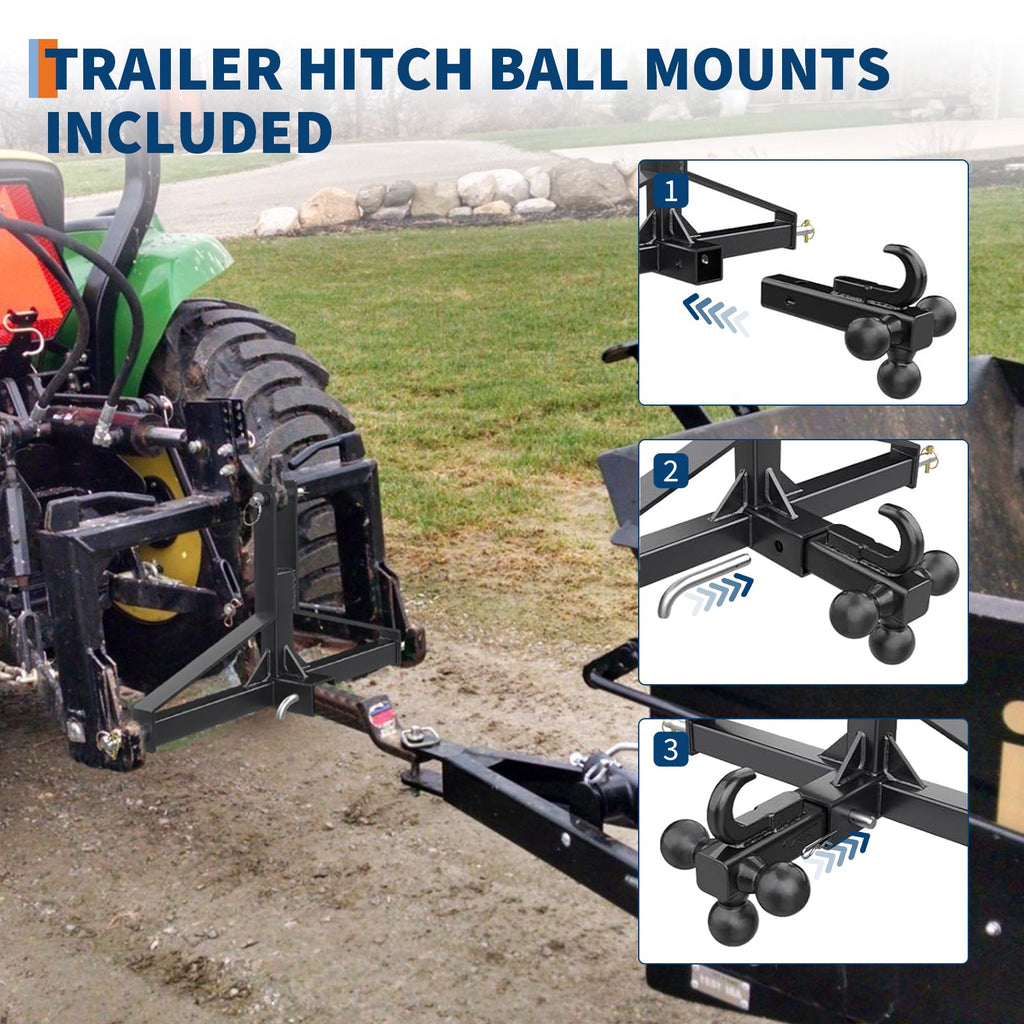 Garvee 3 Point Trailer Hitch for Tractor with 2" Receiver & Ball Hook - Heavy Duty Steel, Quick Hitch, 10,000 Lbs Capacity, Category 1 Compatible, Industrial Use