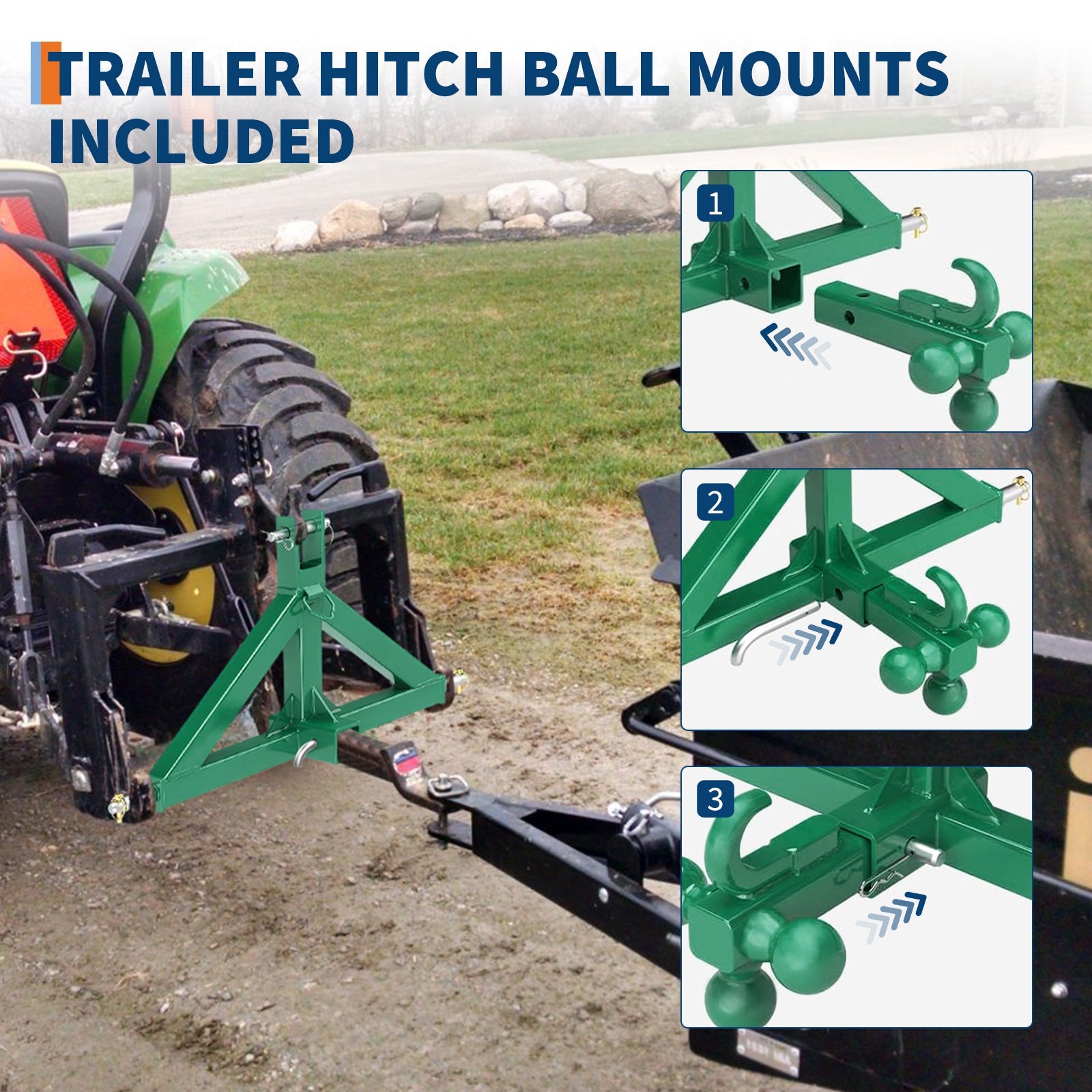 Garvee 3 Point Hitch Receiver for Category 1 Tractor, 2" Receiver, Heavy Duty Trailer Hitch, Forged Steel, Rust-Resistant, Quick Hitch Compatible, Farm & Construction Use