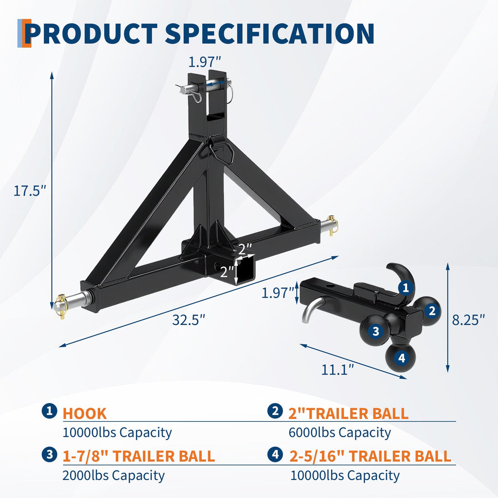 Garvee 3 Point Hitch Receiver for Category 1 Tractor, 2" Receiver, Heavy Duty Trailer Hitch, Forged Steel, Rust-Resistant, Quick Hitch Compatible, Farm & Construction Use