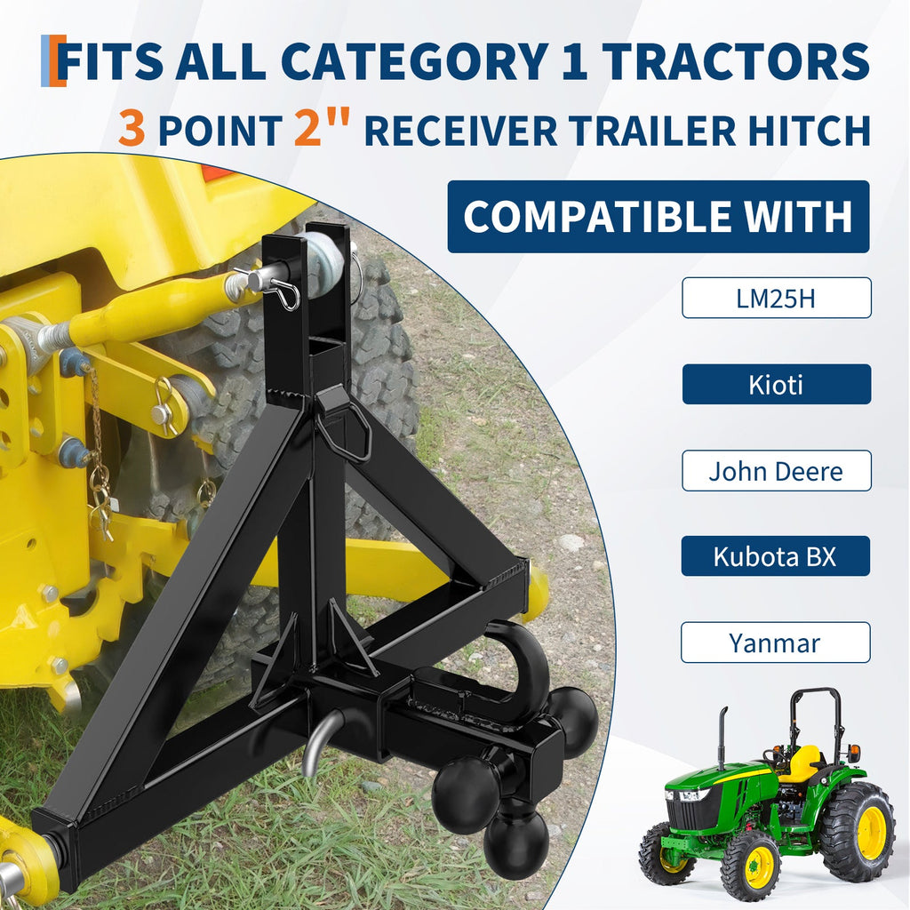 Garvee 3 Point Hitch Receiver Category 1 Tractor 3 Ball & Hook Heavy Duty Steel Rust-Resistant Powder Coat 2" Receiver Quick Hitch Farm Use