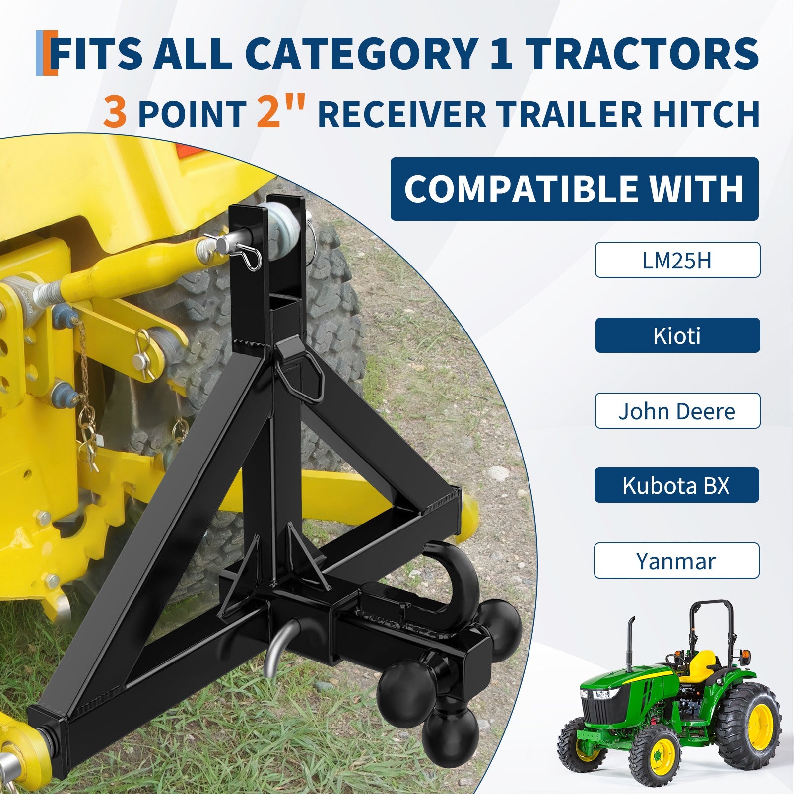 Garvee 3 Point Hitch Receiver for Category 1 Tractor, 2" Receiver, Heavy Duty Trailer Hitch, Forged Steel, Rust-Resistant, Quick Hitch Compatible, Farm & Construction Use