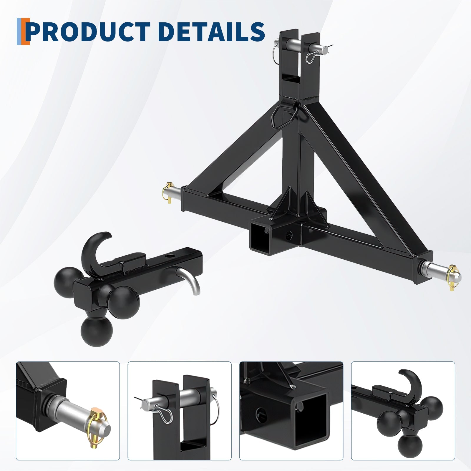 Garvee 3 Point Hitch Receiver Category 1 Tractor 3 Ball & Hook Heavy Duty Steel Rust-Resistant Powder Coat 2" Receiver Quick Hitch Farm Use