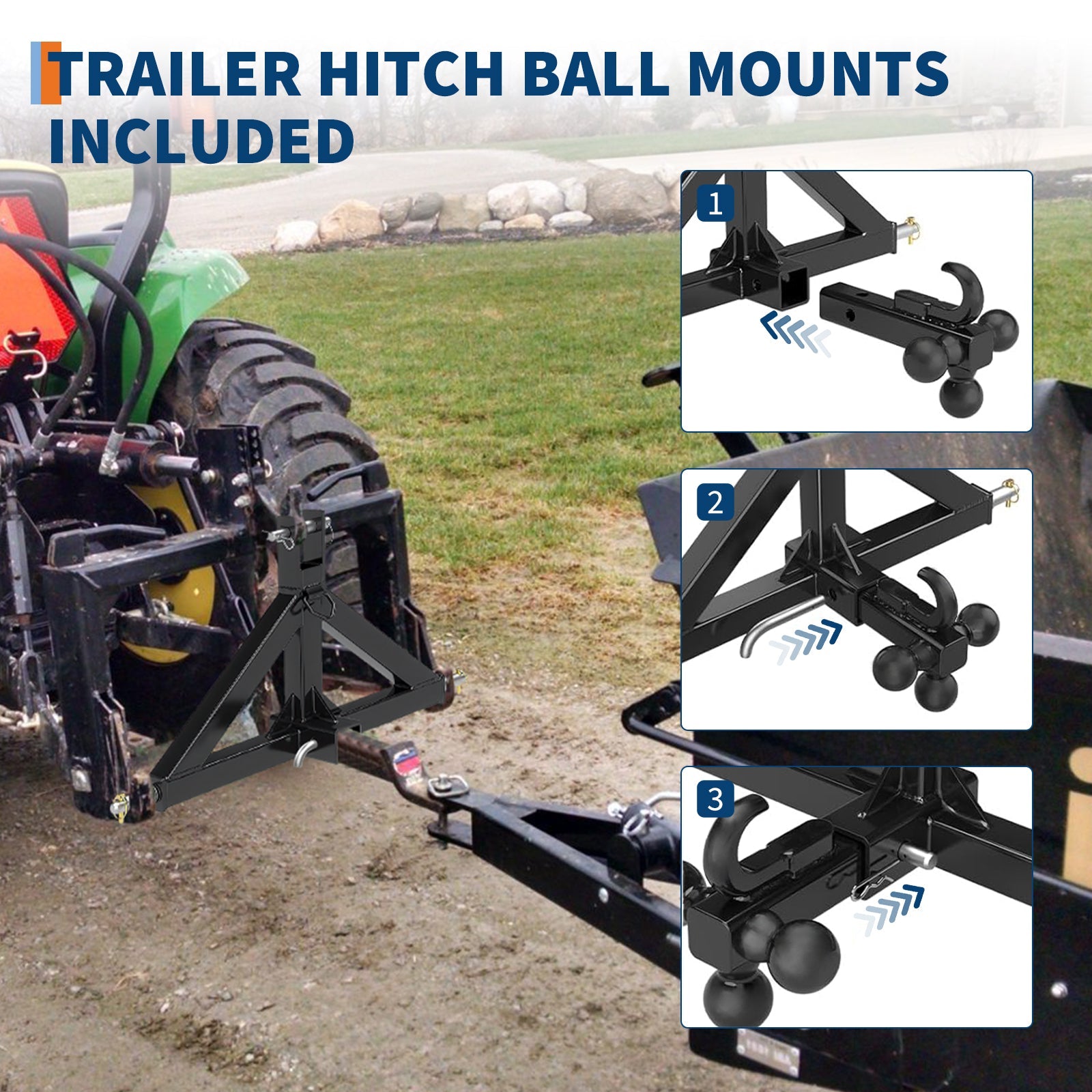 Garvee 3 Point Hitch Receiver for Category 1 Tractor, 2" Receiver, Heavy Duty Trailer Hitch, Forged Steel, Rust-Resistant, Quick Hitch Compatible, Farm & Construction Use