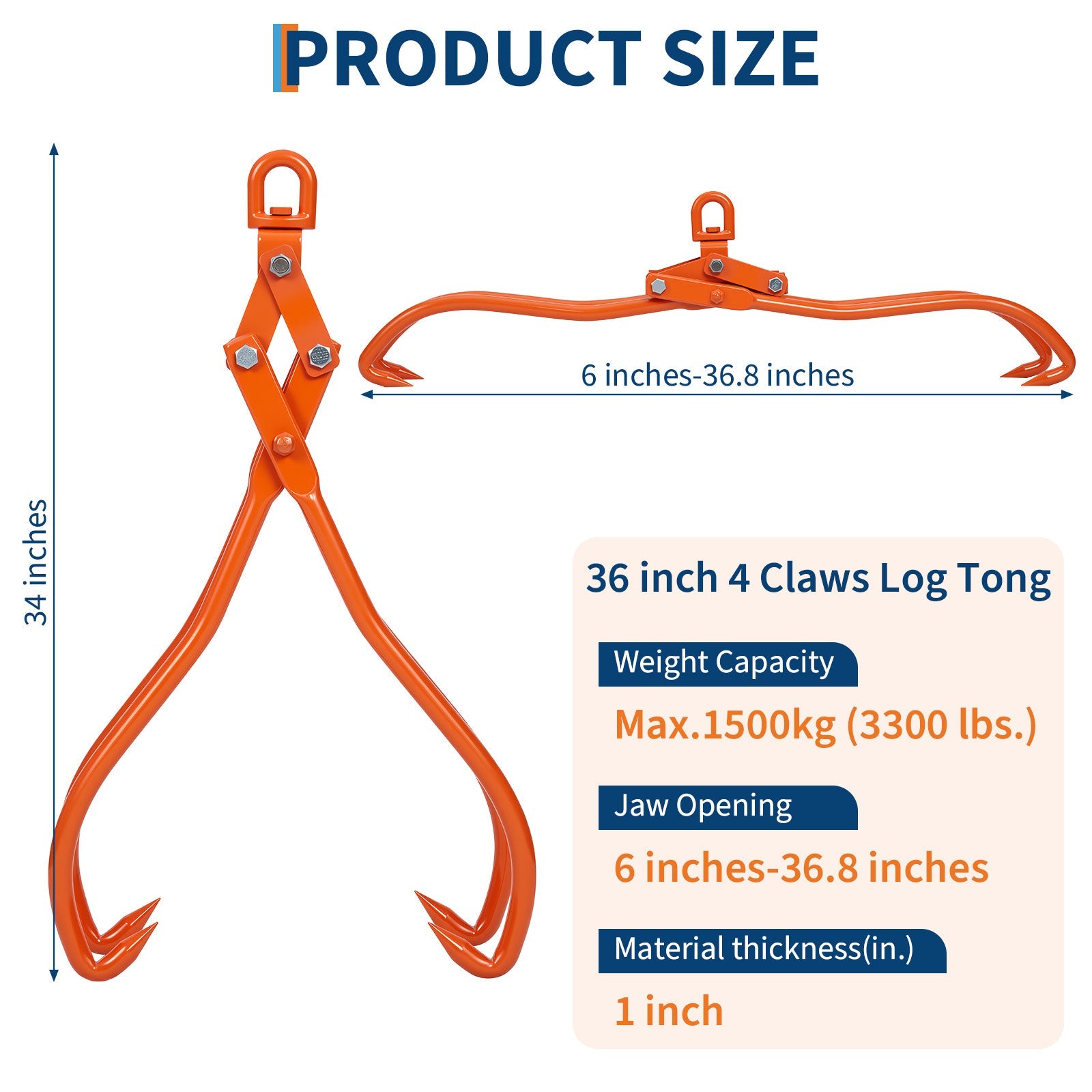 Garvee Log Lifting Tongs 36in Heavy Duty Steel Serrated Claw Hook 3300Lbs Capacity Corrosion Resistant for Tractors Trucks Forklifts ATV Logging