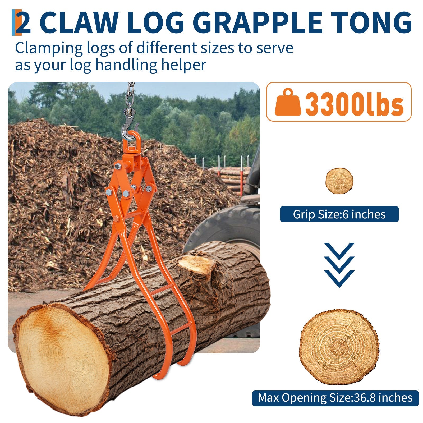 Garvee Log Lifting Tongs 36in Heavy Duty Steel Serrated Claw Hook 3300Lbs Capacity Corrosion Resistant for Tractors Trucks Forklifts ATV Logging