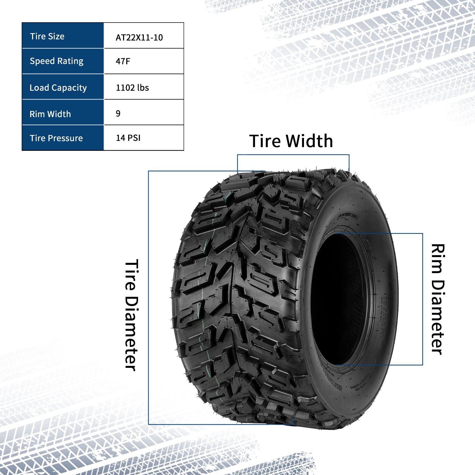 Garvee ATV Tires 2 Pack 22x11-10 Tubeless All Terrain Tires for Trail Desert Mud Dirt Sand 6PR Black