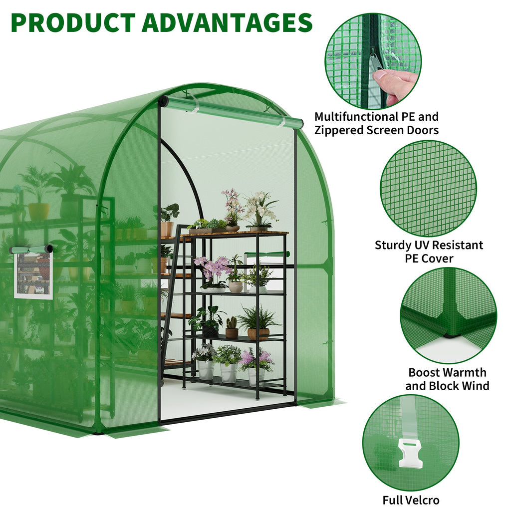 Garvee Large Walk-in Greenhouse Tunnel with Galvanized Steel Frame, Zipper Doors, White PE Cover, Portable Outdoor Plant Shelter