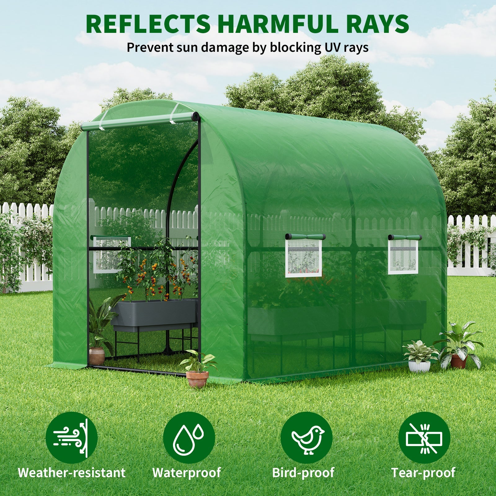 Garvee Large Walk-in Greenhouse Tunnel with Galvanized Steel Frame, Zipper Doors, White PE Cover, Portable Outdoor Plant Shelter