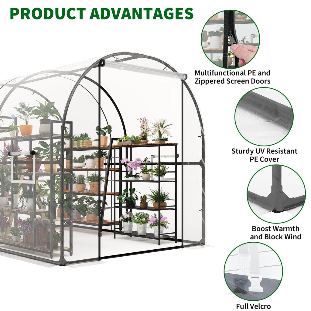 Garvee Large Walk-in Greenhouse Tunnel with Galvanized Steel Frame, Zipper Doors, White PE Cover, Portable Outdoor Plant Shelter