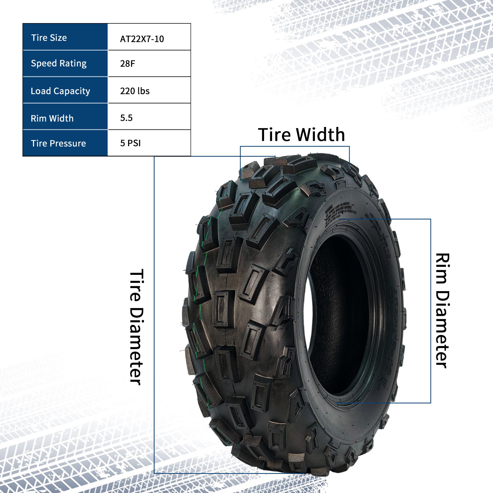 Garvee 22x7x10 ATV Tires 2 Pack All Terrain Tubeless 6PR for Trail Desert Mud Dirt Street Sand, 22x7-10, Black