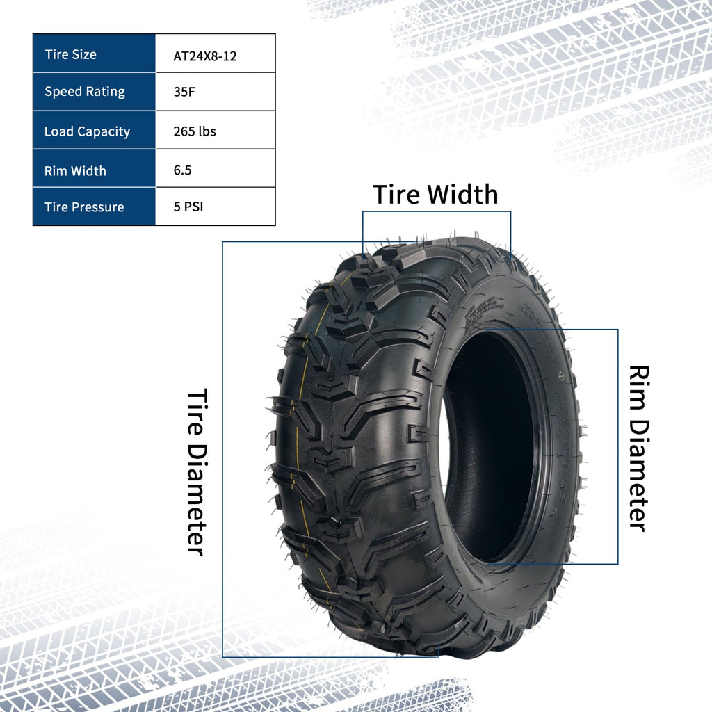 Garvee 24x8x12 ATV Tires 2 Pack All Terrain Tubeless 6PR for Trail Desert Mud Dirt Sand 24 18 12 Black
