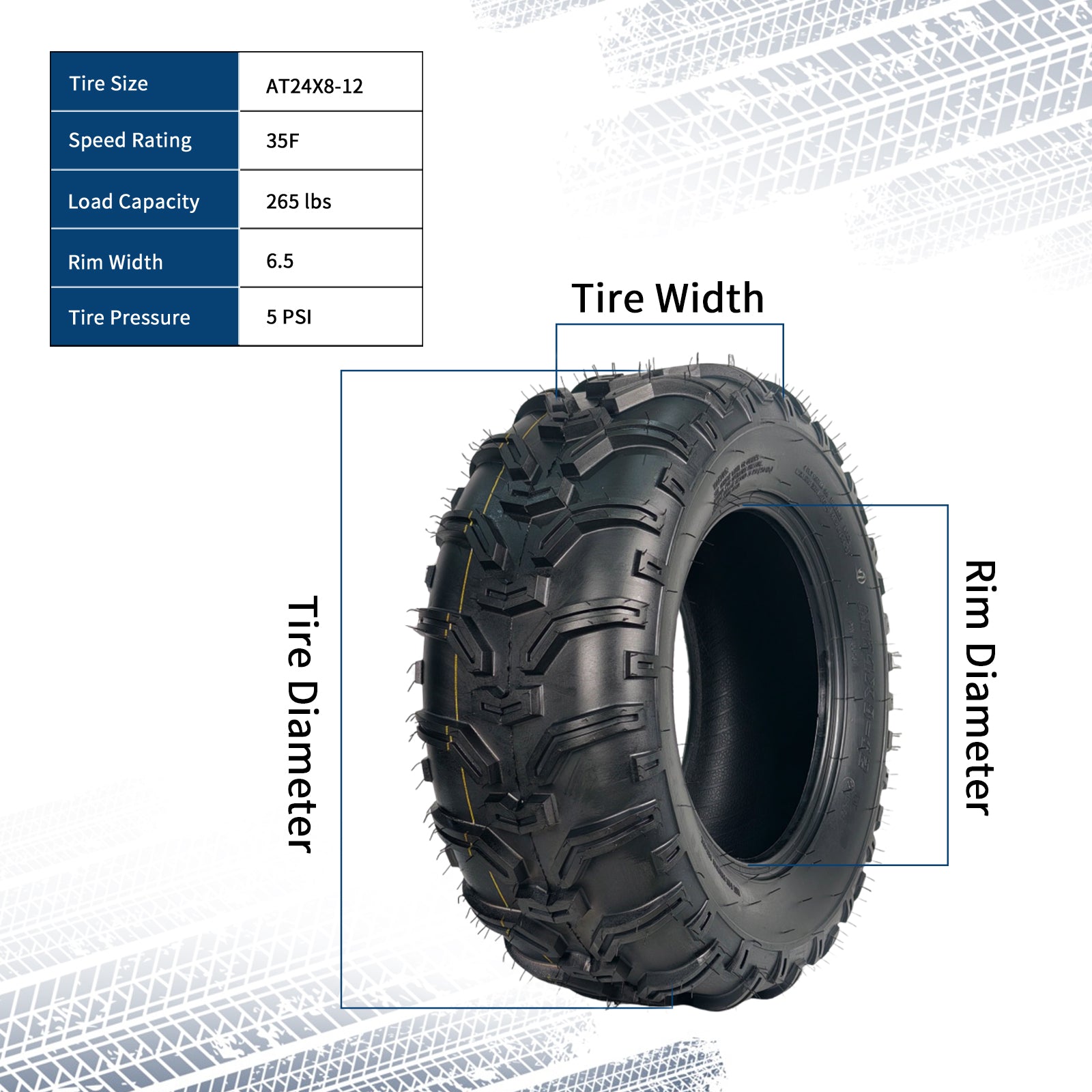 Garvee 24x8x12 ATV Tires 2 Pack All Terrain Tubeless 6PR for Trail Desert Mud Dirt Sand 24 18 12 Black