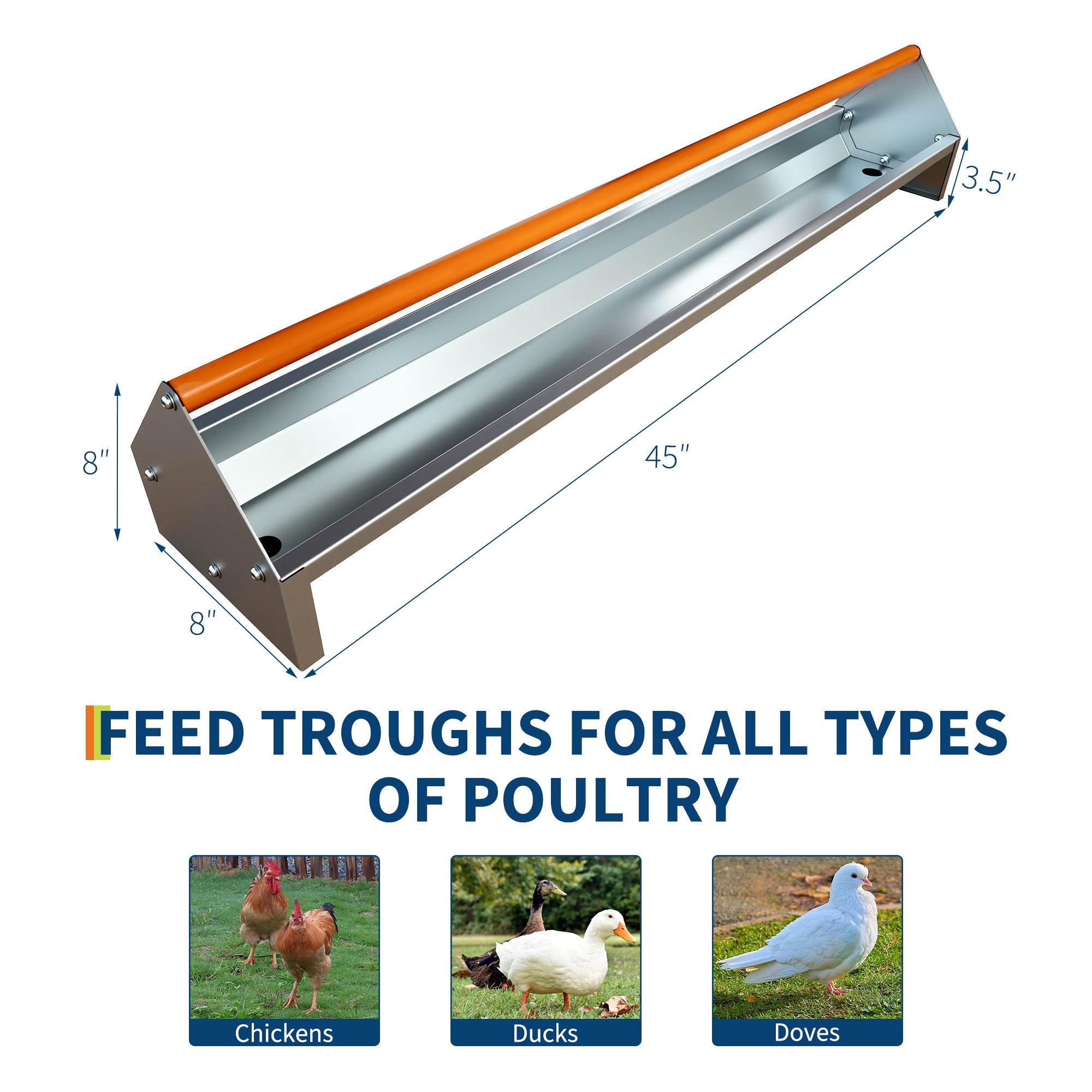 Garvee Chicken Feeding Trough 45 Inch, Heavy Duty Galvanized Steel Coop Feeder with Drainage Holes & Crossbar, Large Capacity Metal Poultry Trough Feeder for Chickens, Pigeons, Ducks Orange