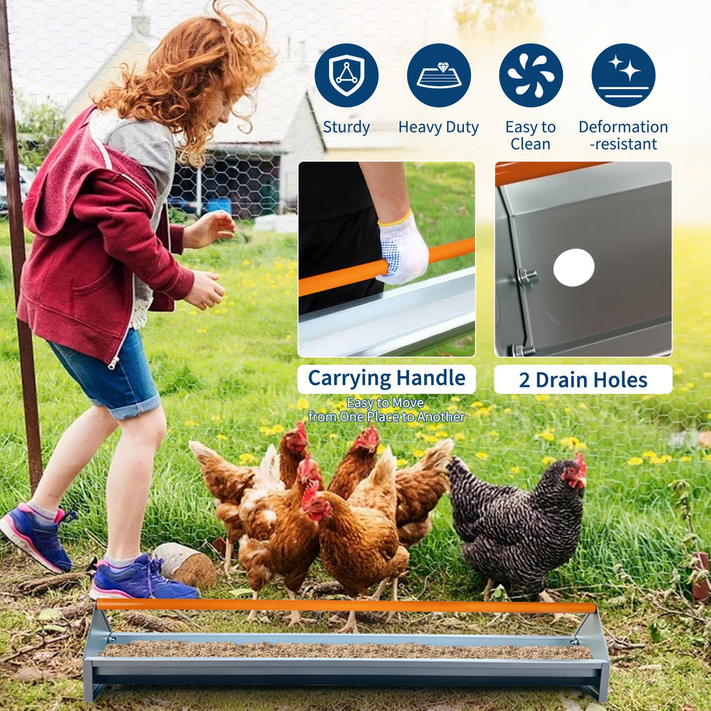 Garvee Chicken Feeding Trough 45 Inch, Heavy Duty Galvanized Steel Coop Feeder with Drainage Holes & Crossbar, Large Capacity Metal Poultry Trough Feeder for Chickens, Pigeons, Ducks Orange