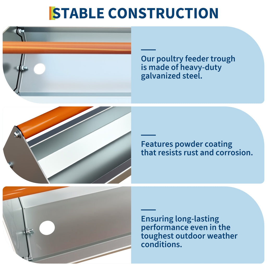 Garvee Chicken Feeding Trough 45 Inch, Heavy Duty Galvanized Steel Coop Feeder with Drainage Holes & Crossbar, Large Capacity Metal Poultry Trough Feeder for Chickens, Pigeons, Ducks Orange