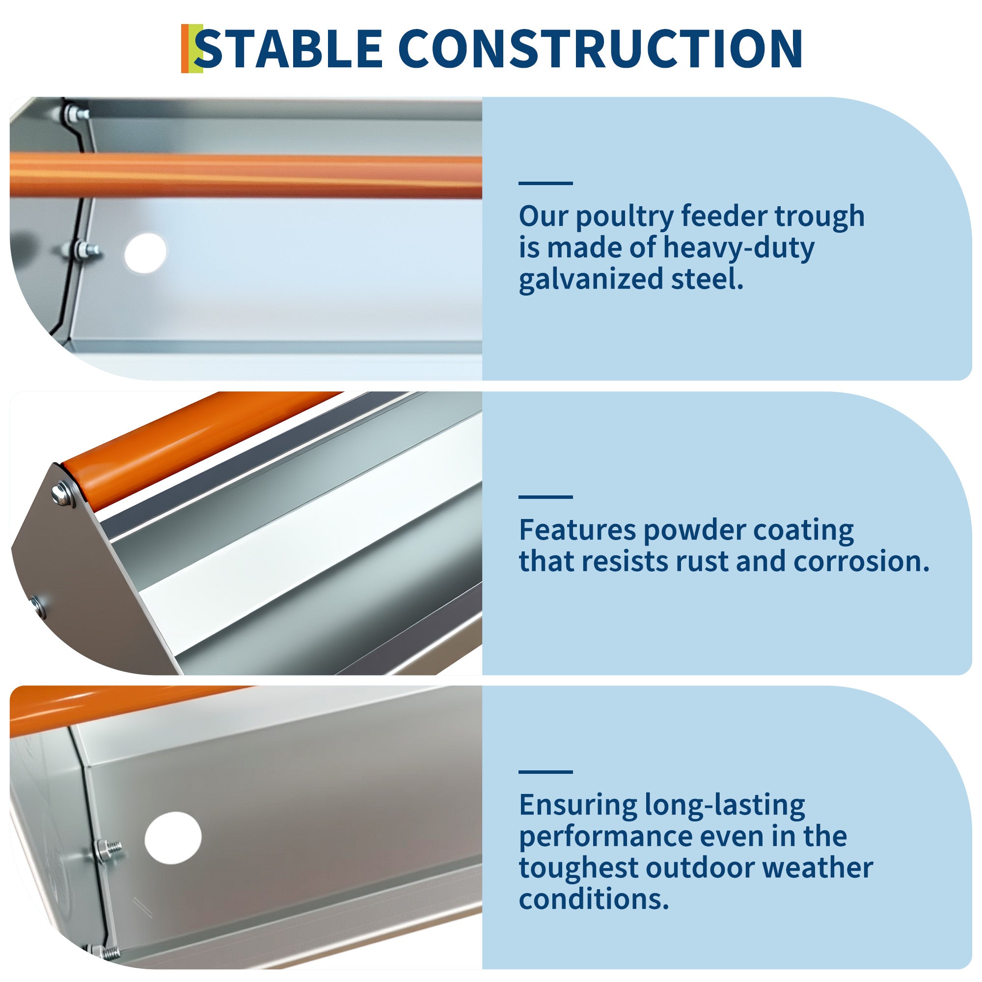 Garvee Chicken Feeding Trough 45 Inch, Heavy Duty Galvanized Steel Coop Feeder with Drainage Holes & Crossbar, Large Capacity Metal Poultry Trough Feeder for Chickens, Pigeons, Ducks Orange