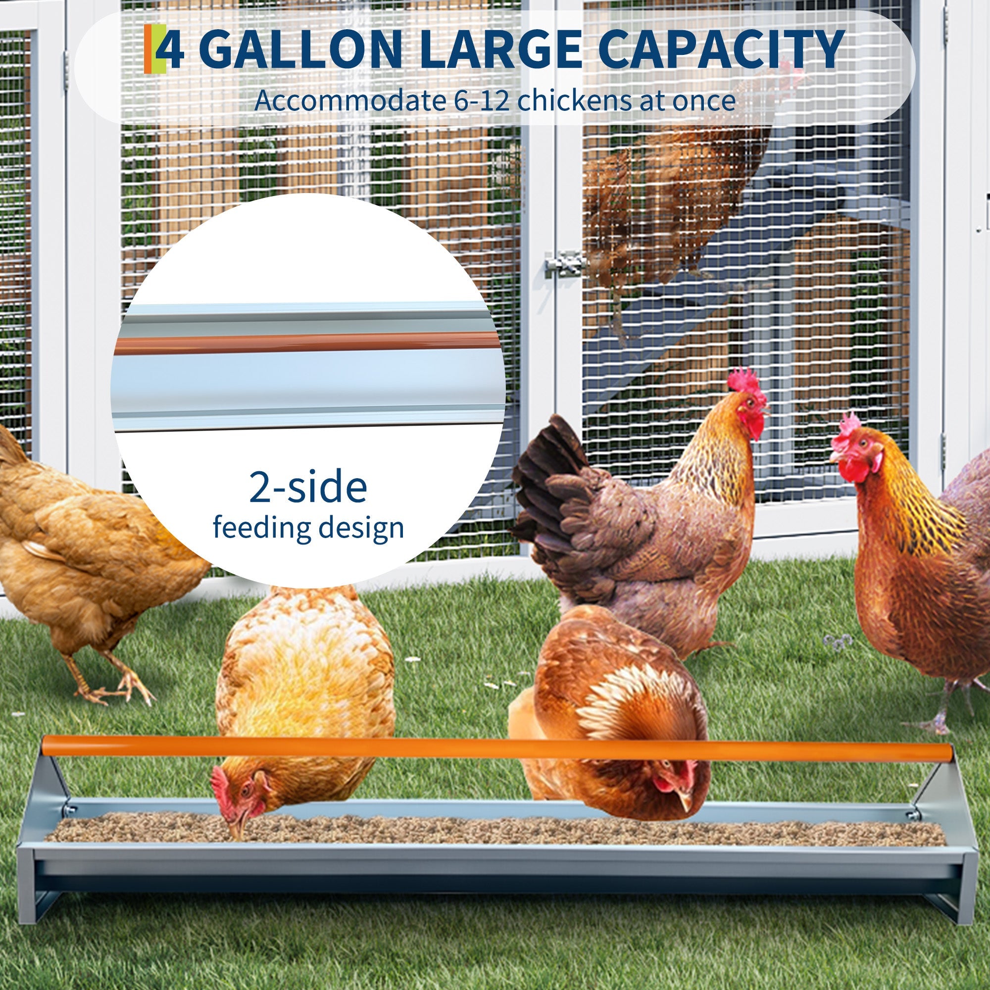 Garvee Chicken Feeding Trough 45 Inch, Heavy Duty Galvanized Steel Coop Feeder with Drainage Holes & Crossbar, Large Capacity Metal Poultry Trough Feeder for Chickens, Pigeons, Ducks Orange