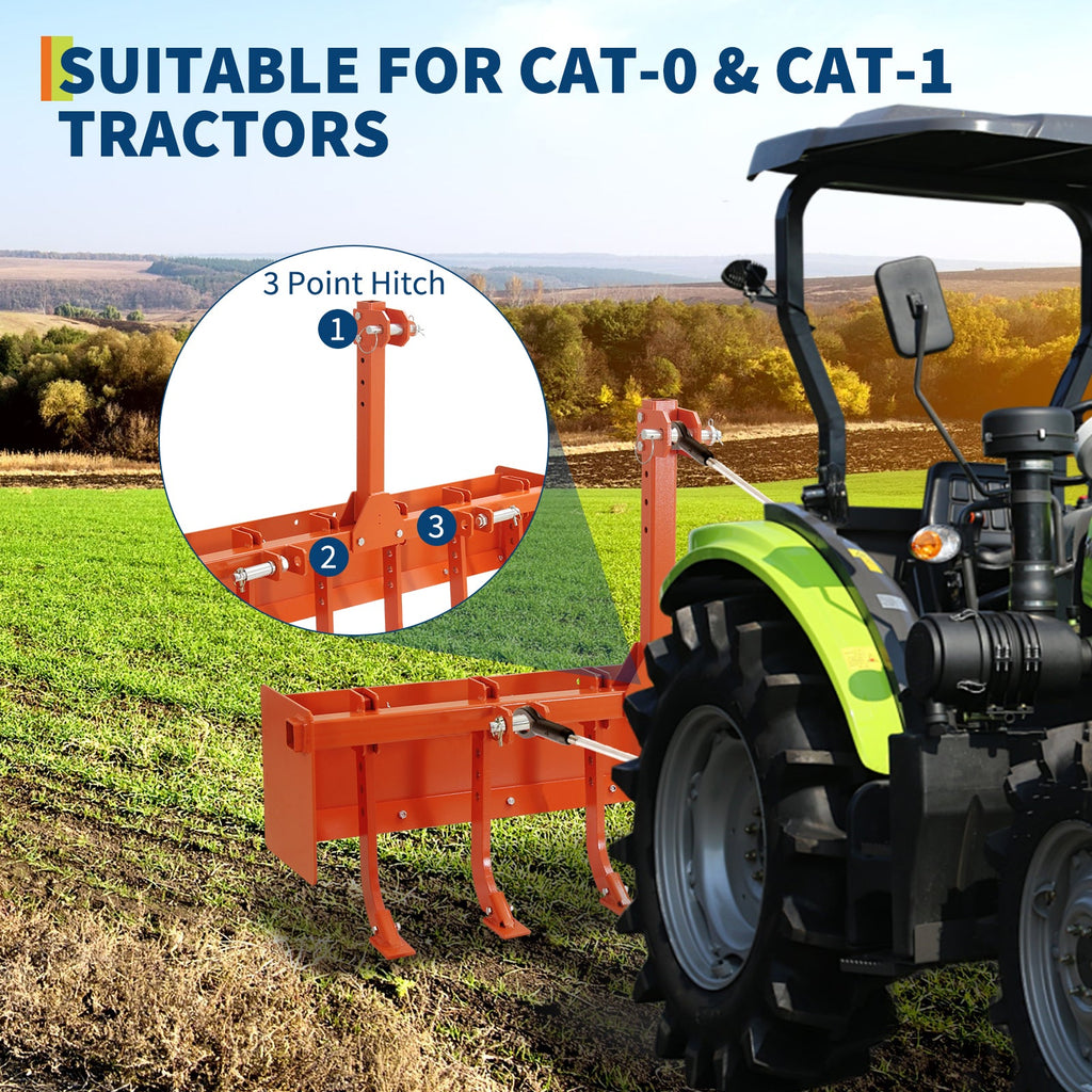 Garvee 55" Box Blade for Tractor, Cat 1 & Cat 0 Compatible, 6 Adjustable Scarifier Shanks, Heavy-Duty Steel, Rust-Resistant, Reinforced Sidewalls, Landscaping & Soil Prep