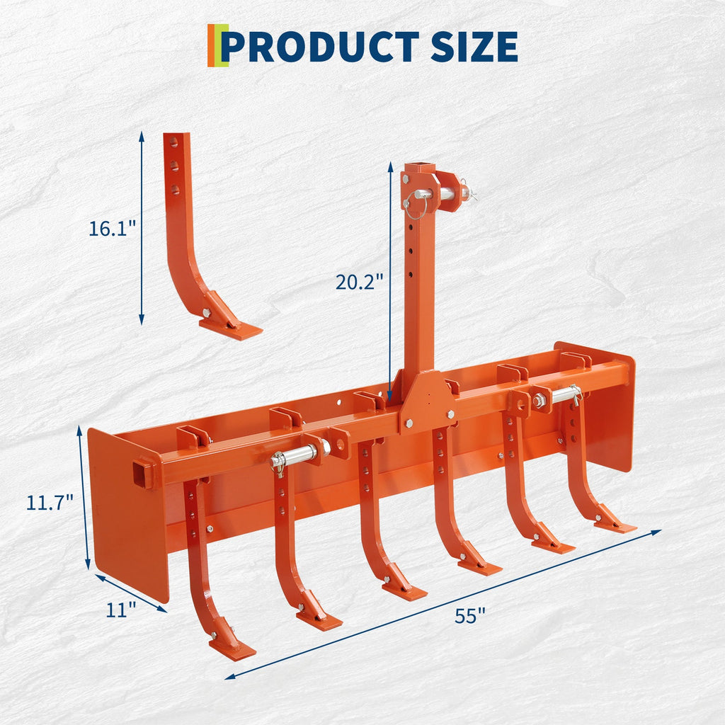 Garvee 55" Box Blade for Tractor, Cat 1 & Cat 0 Compatible, 6 Adjustable Scarifier Shanks, Heavy-Duty Steel, Rust-Resistant, Reinforced Sidewalls, Landscaping & Soil Prep