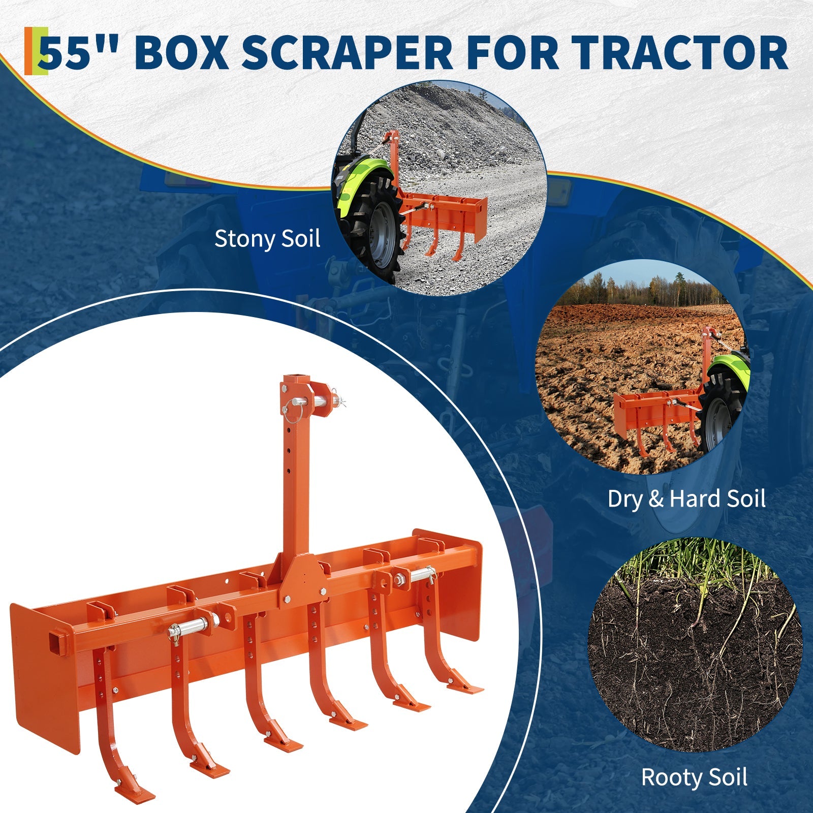 Garvee 55" Box Blade for Tractor, Cat 1 & Cat 0 Compatible, 6 Adjustable Scarifier Shanks, Heavy-Duty Steel, Rust-Resistant, Reinforced Sidewalls, Landscaping & Soil Prep