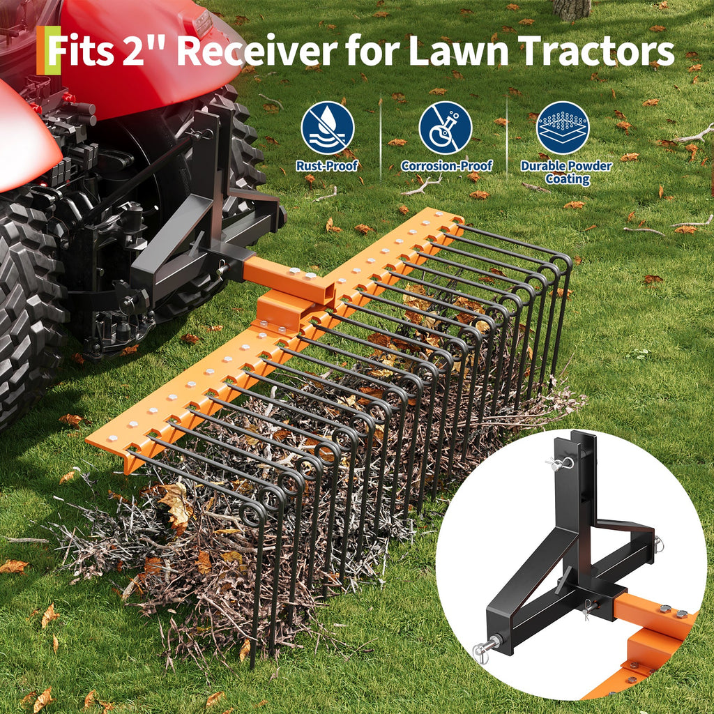 Garvee Professional Pine Straw and Landscape Rake – 60-Inch Heavy-Duty Steel, 21 Season Tines, 2-Inch Receiver Compatible with Lawn Tractors, ATV, UTV – Tow-Behind Dethatching and Leveling Tool | 60 inches