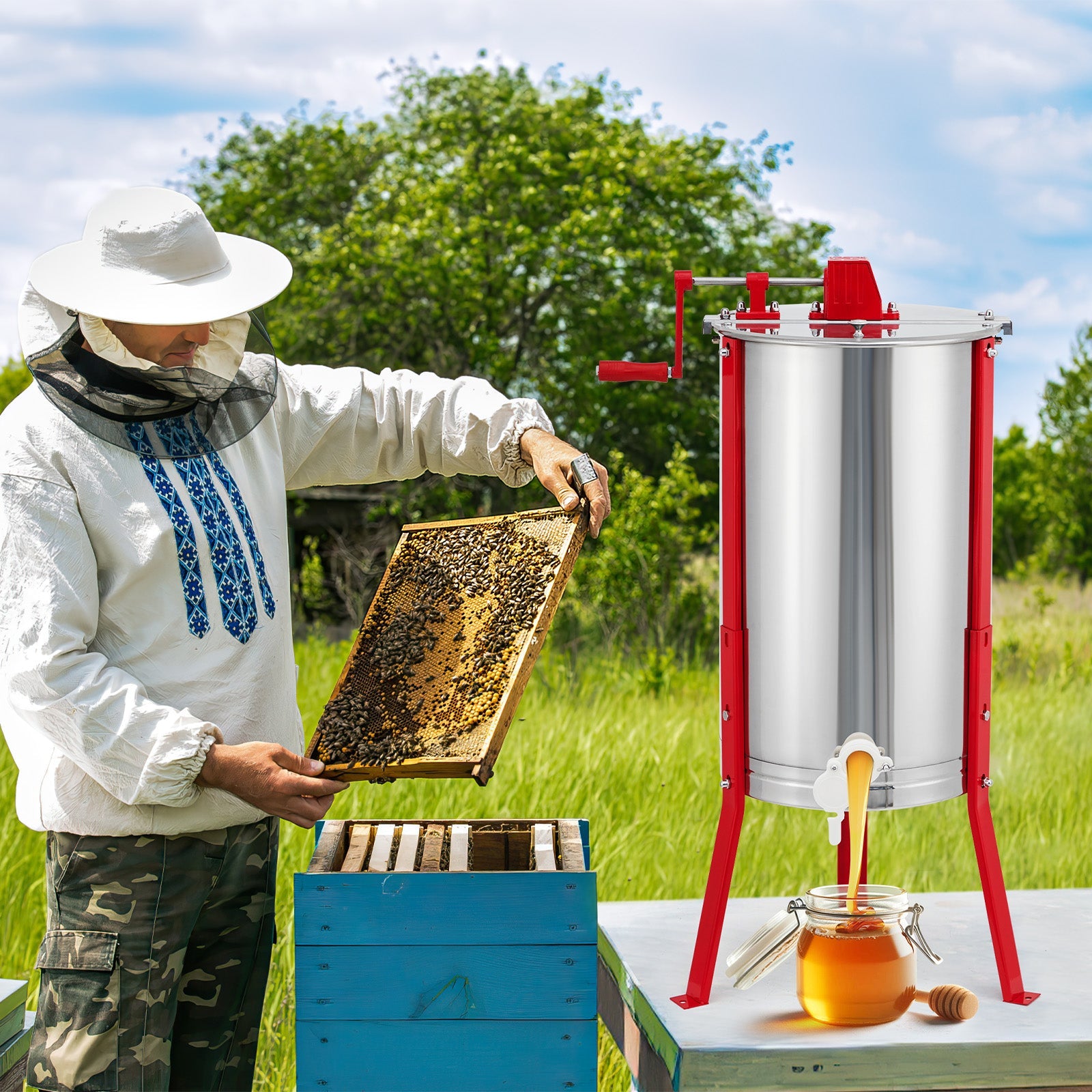Garvee 3 Frame Honey Extractor Manual with Height Adjustable Stand, Stainless Steel Honey Spinner with Transparent Lid, Beekeeping Extraction Apiary Centrifuge Equipment for Beekeeping Starter