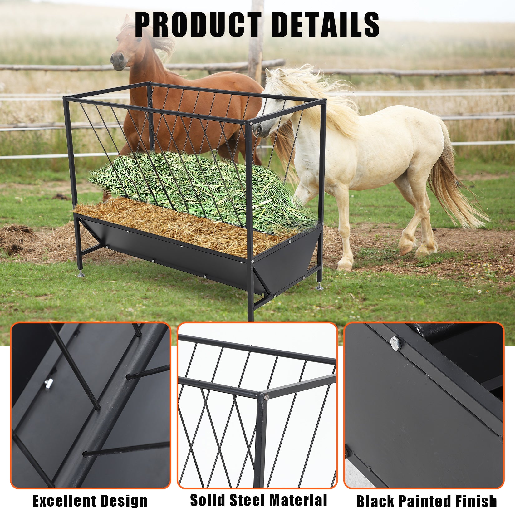 Garvee Heavy Duty 2-in-1 Hay and Grain Feeder Trough – 30 Gallon Black Steel Livestock Feeder – Sturdy, Powder Coated – Perfect for Calves, Sheep, Horses, Goats – For Farm and Pasture Use