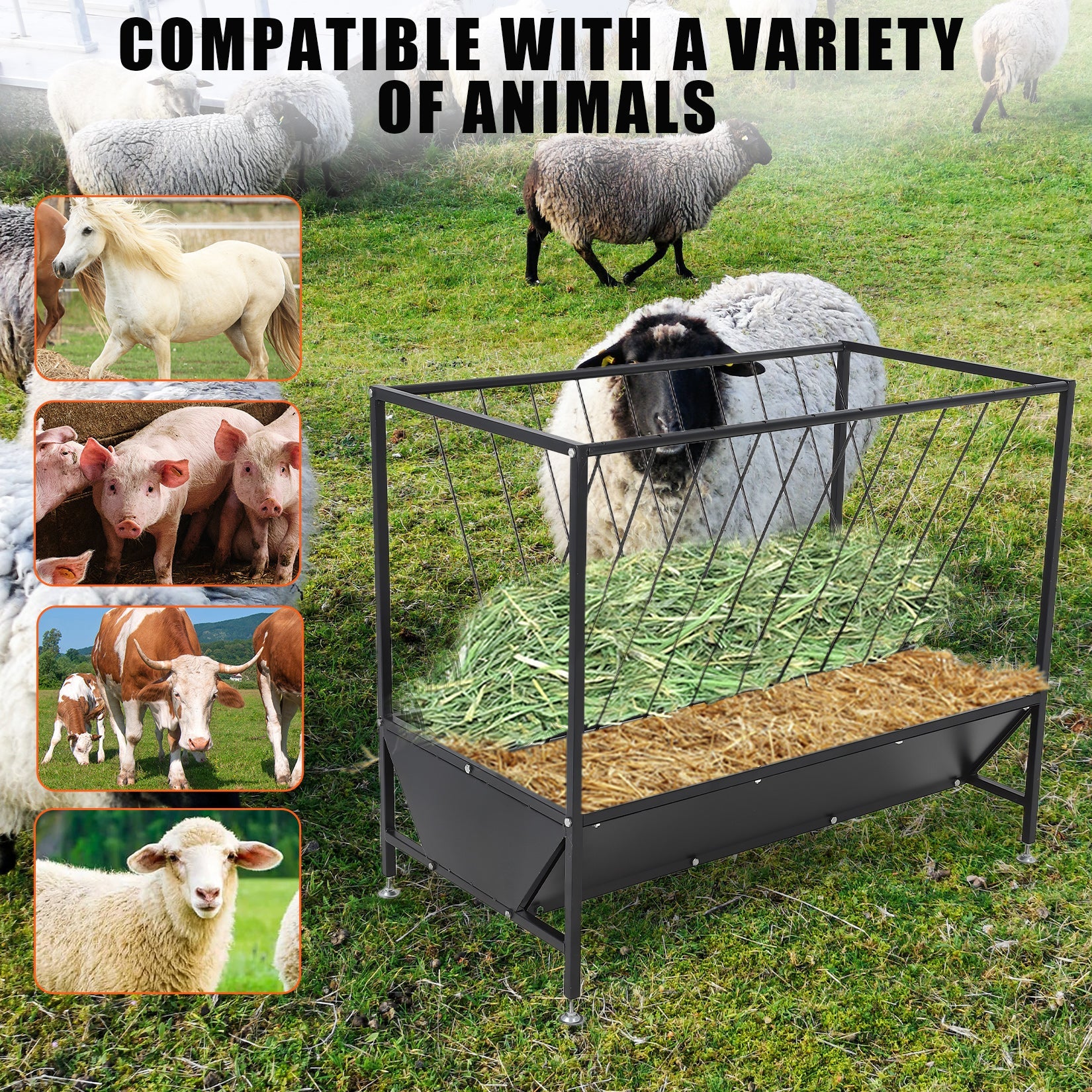Garvee Heavy Duty 2-in-1 Hay and Grain Feeder Trough – 30 Gallon Black Steel Livestock Feeder – Sturdy, Powder Coated – Perfect for Calves, Sheep, Horses, Goats – For Farm and Pasture Use